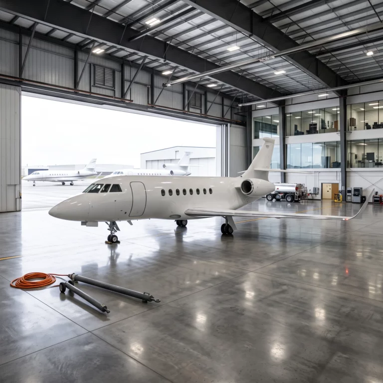 Private jet inside a large executive hangar with other aircraft parked in the background