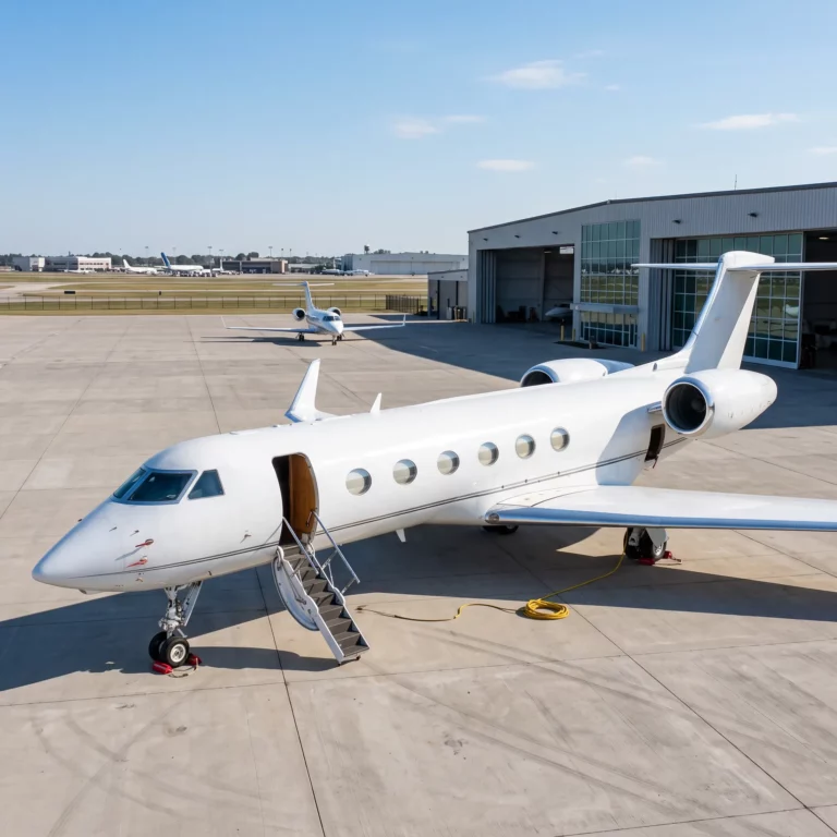 Gulfstream G550 large-cabin private jet on a hangar ramp representing large fleet charter operations