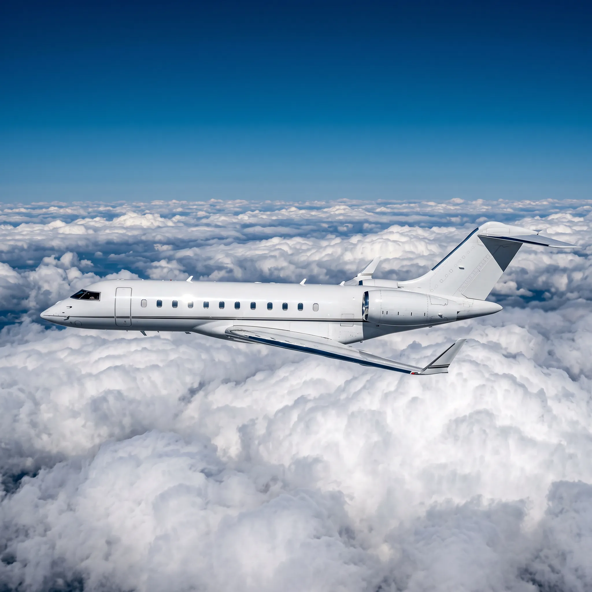 Bombardier Global Express large-cabin jet flying above clouds