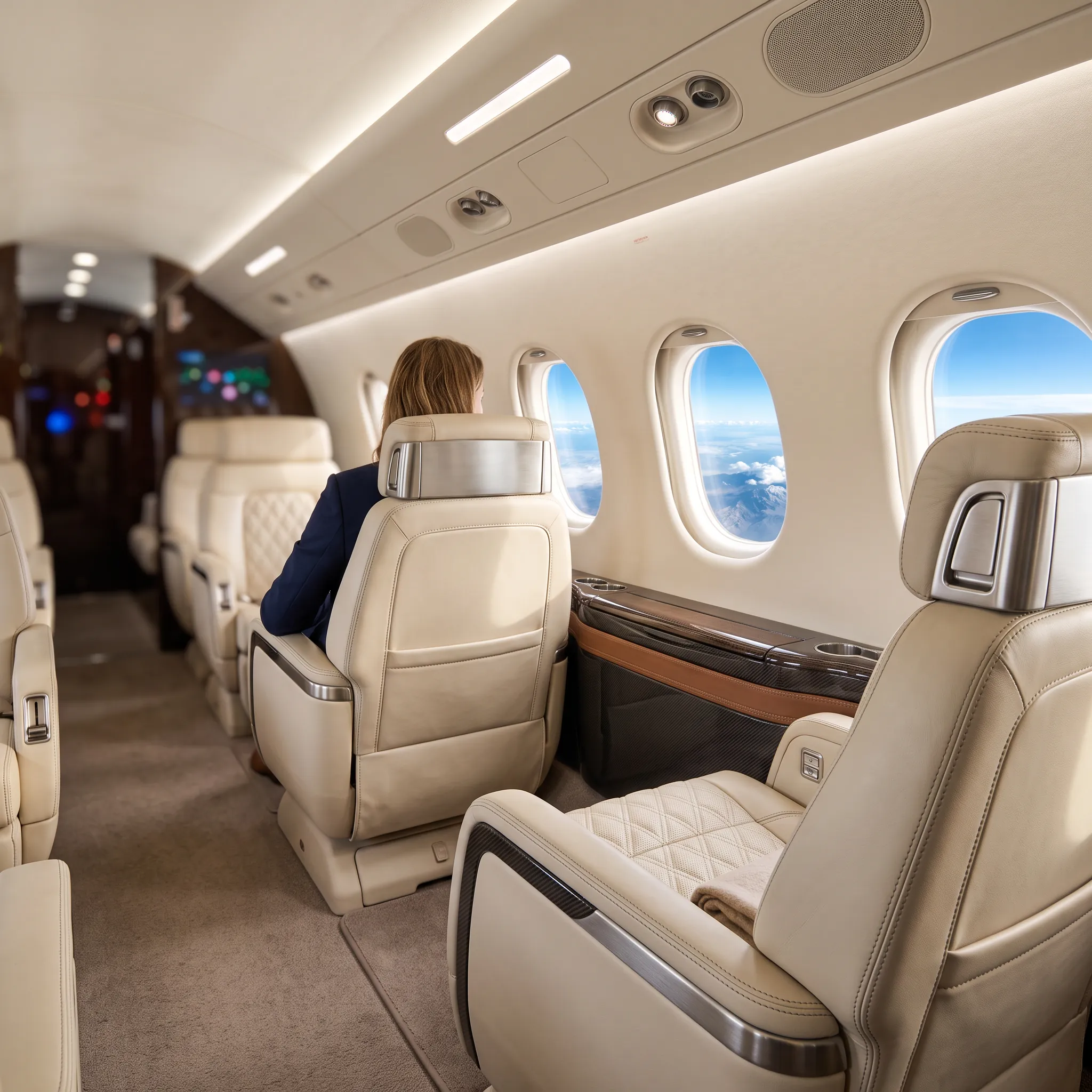 Luxurious large-cabin private jet interior with leather seating and natural light