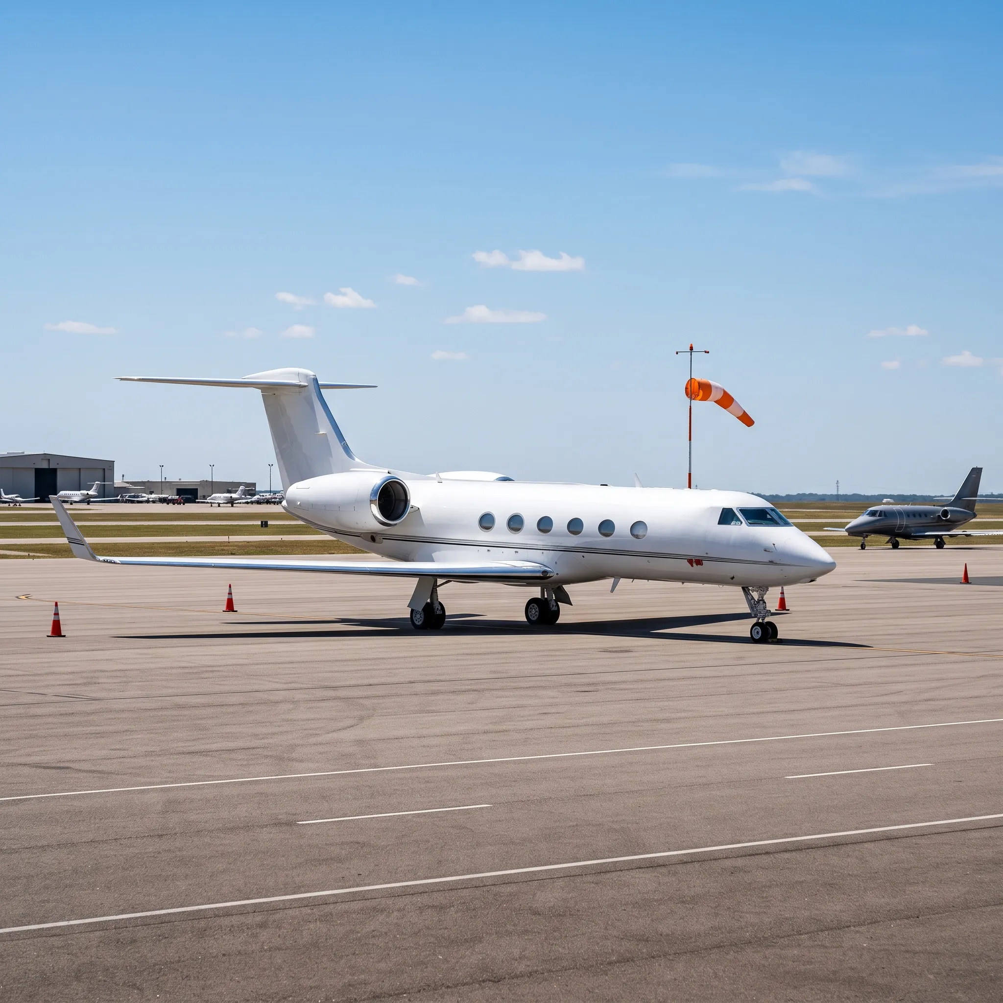 Private jet parked on a sunlit FBO ramp with another aircraft in the background