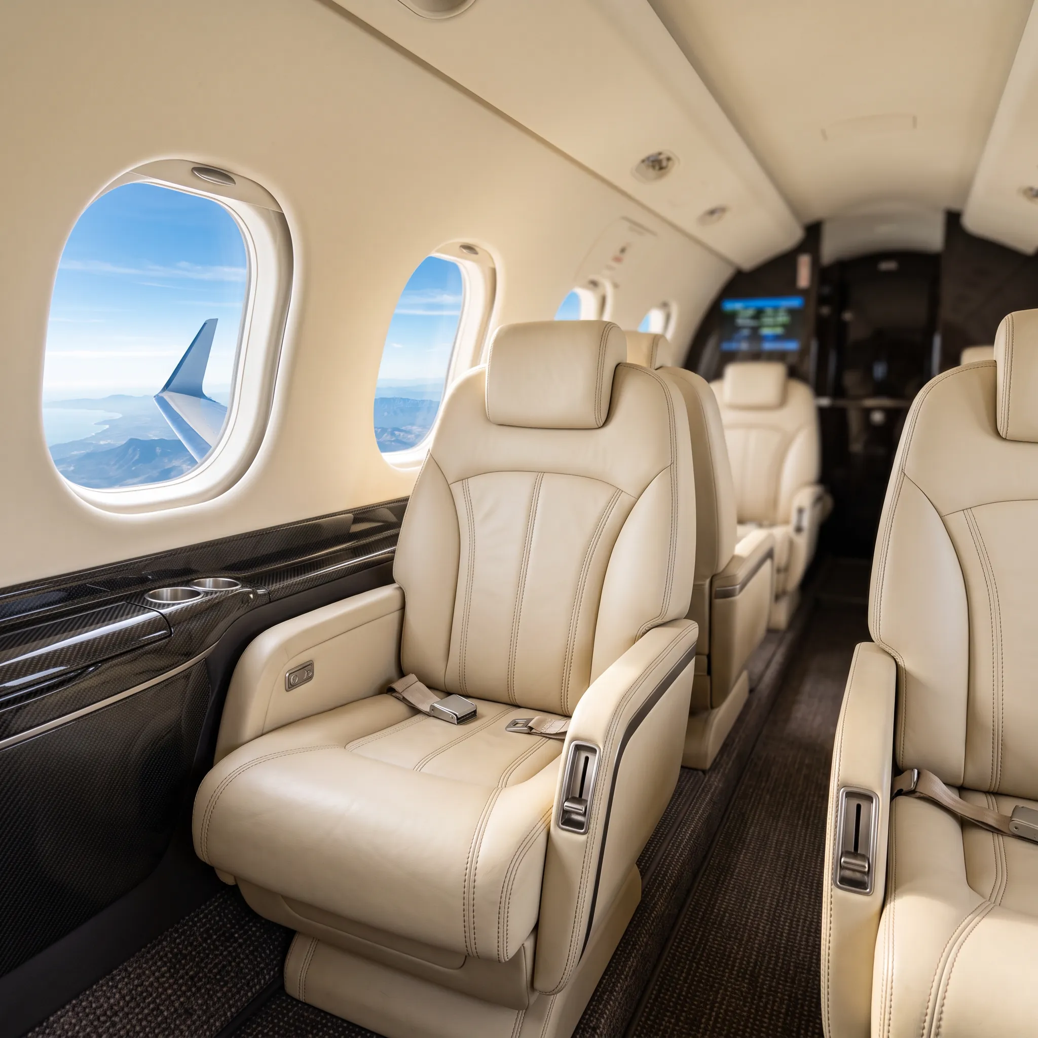 Empty luxury private jet cabin interior with leather seats and warm natural light