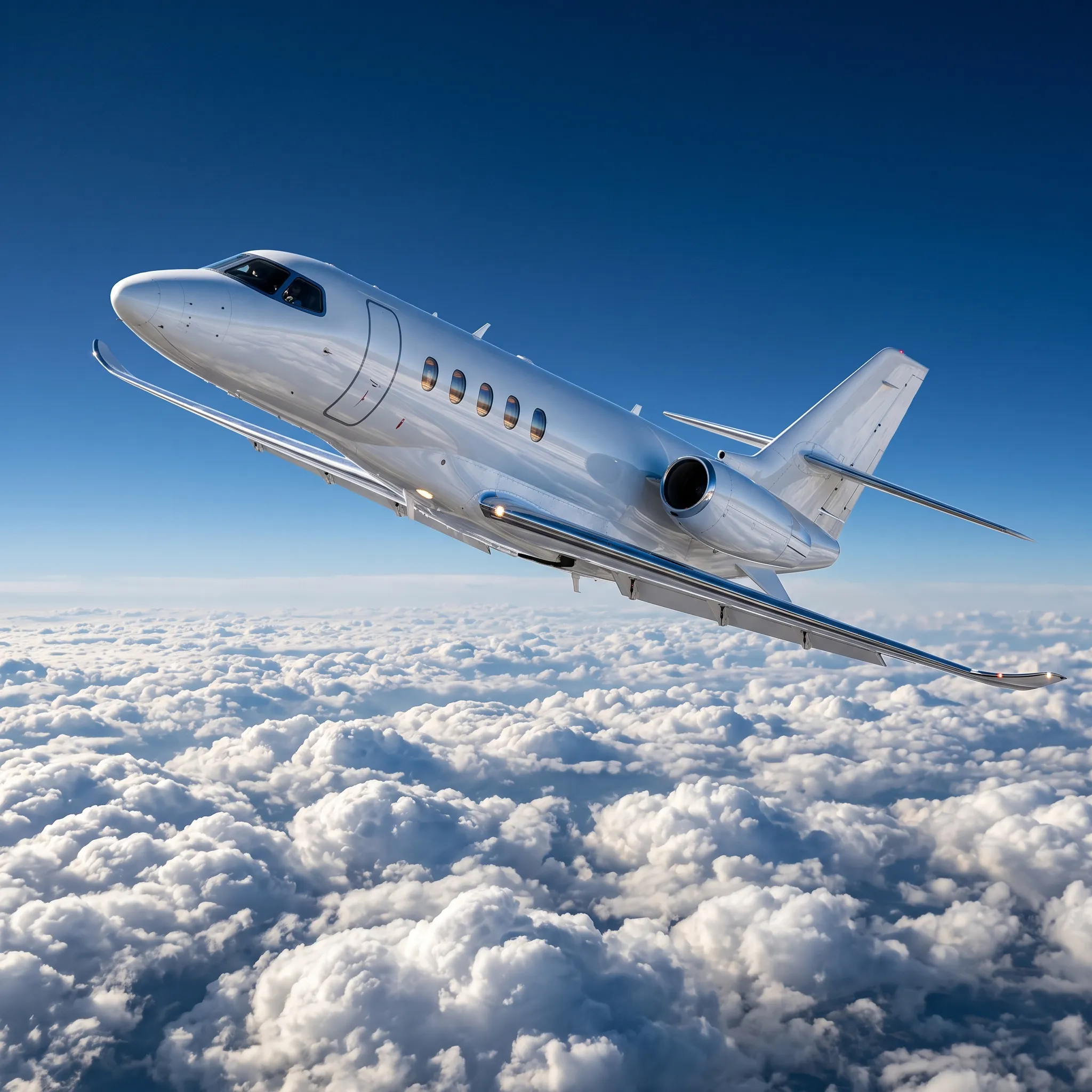 Private jet climbing above a bright cloud layer under a clear blue sky