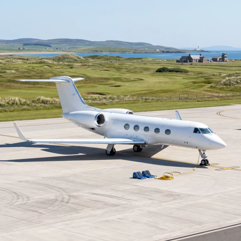 Private jet on an airport ramp near the Scottish coast with golf course terrain visible in the distance
