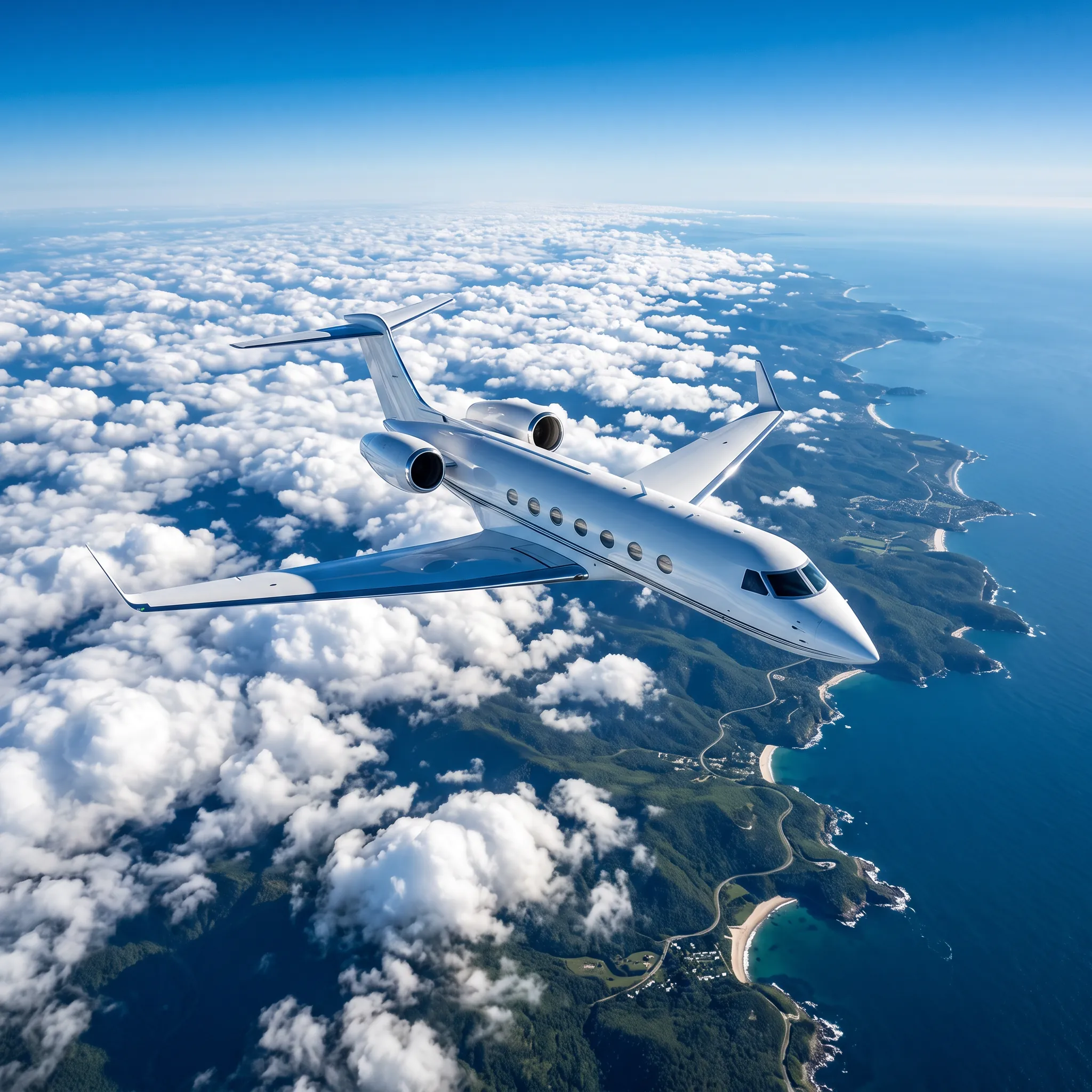 Private jet flying above clouds over a coastal landscape in bright daylight