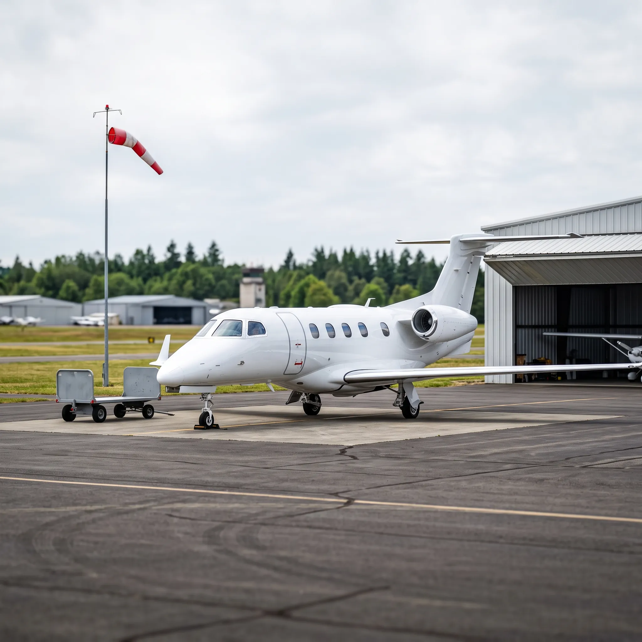 Private jet parked on a small regional airport ramp near an open hangar