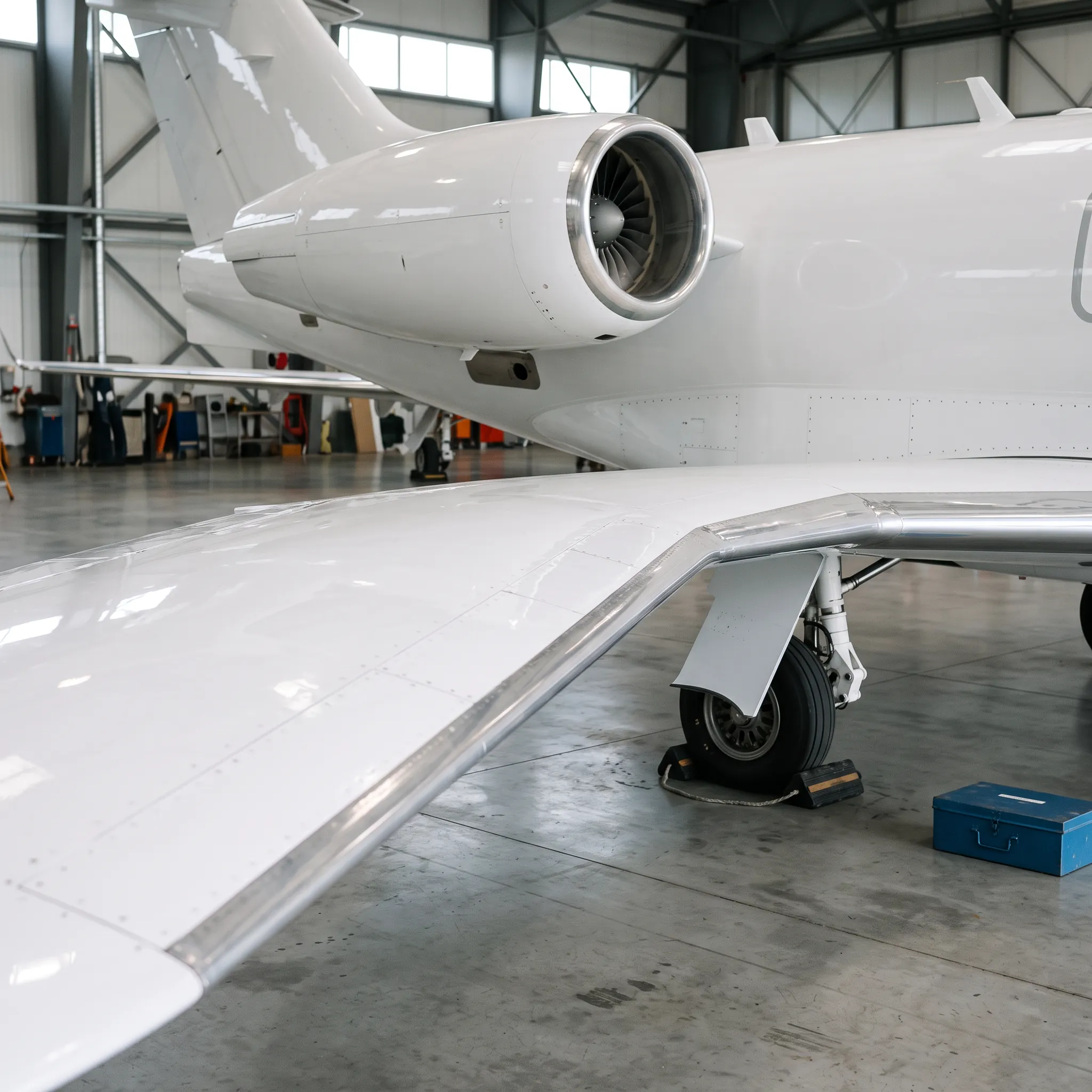 Close-up of a business jet's swept wing and engine nacelle in a hangar