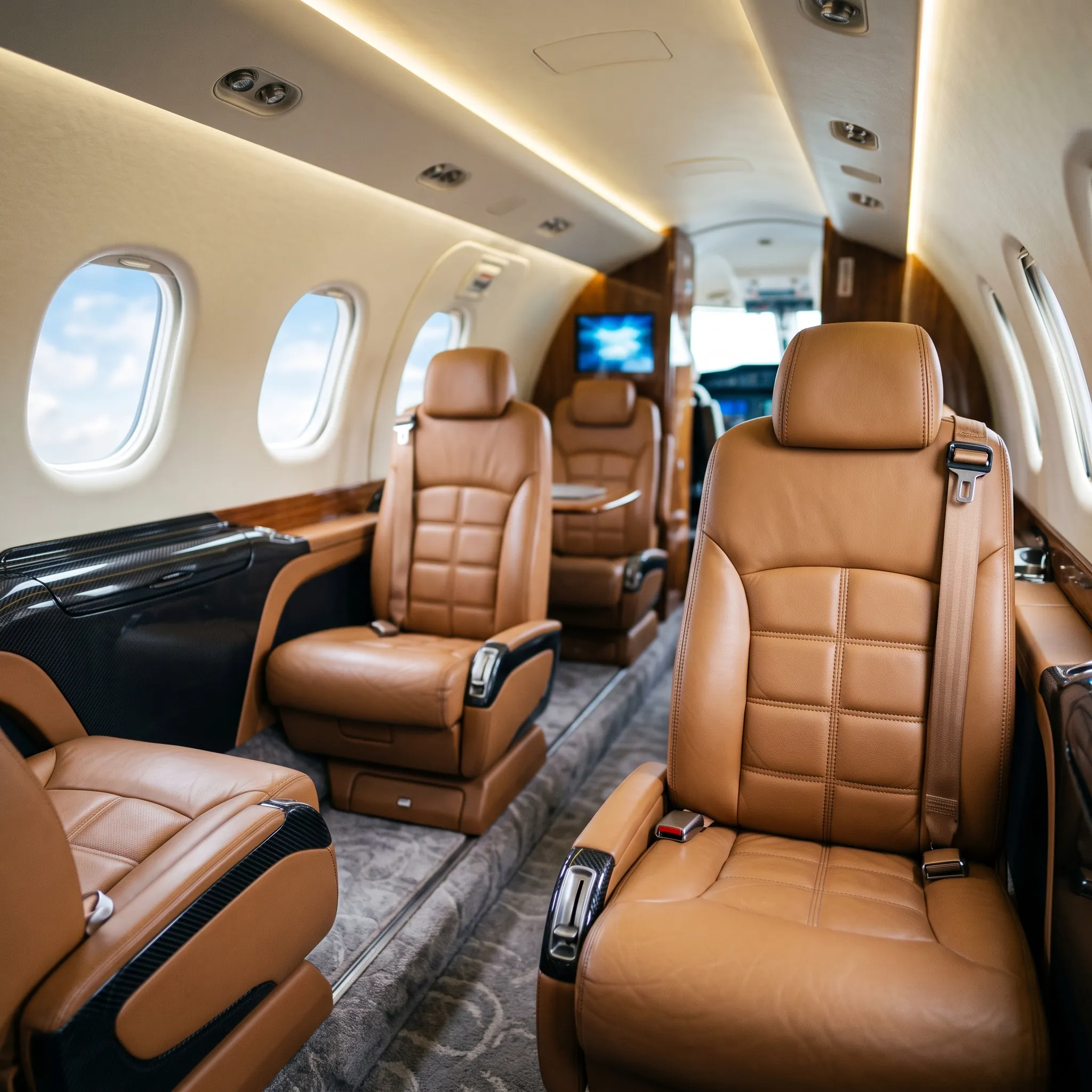 Modern light jet cabin interior with leather seats and carbon fiber trim