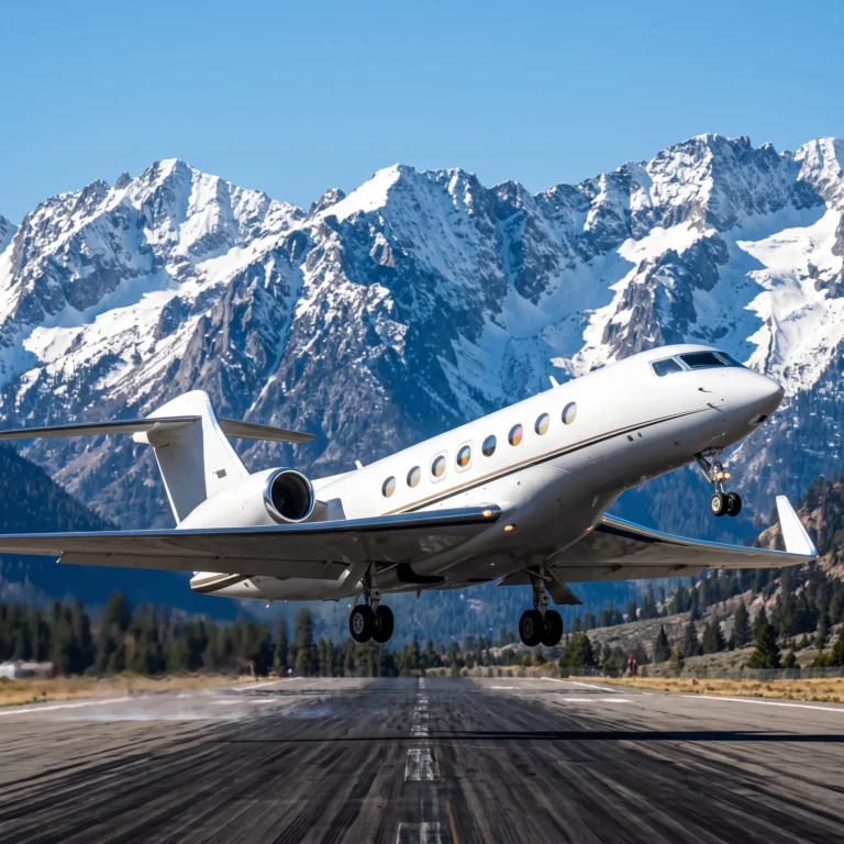 Private jet climbing steeply from a high-elevation mountain airport in bright summer sunlight