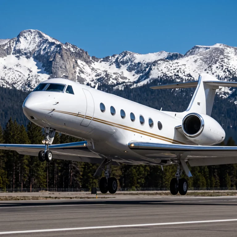 Private jet lifting off from a runway at a high-elevation mountain airport in bright daylight