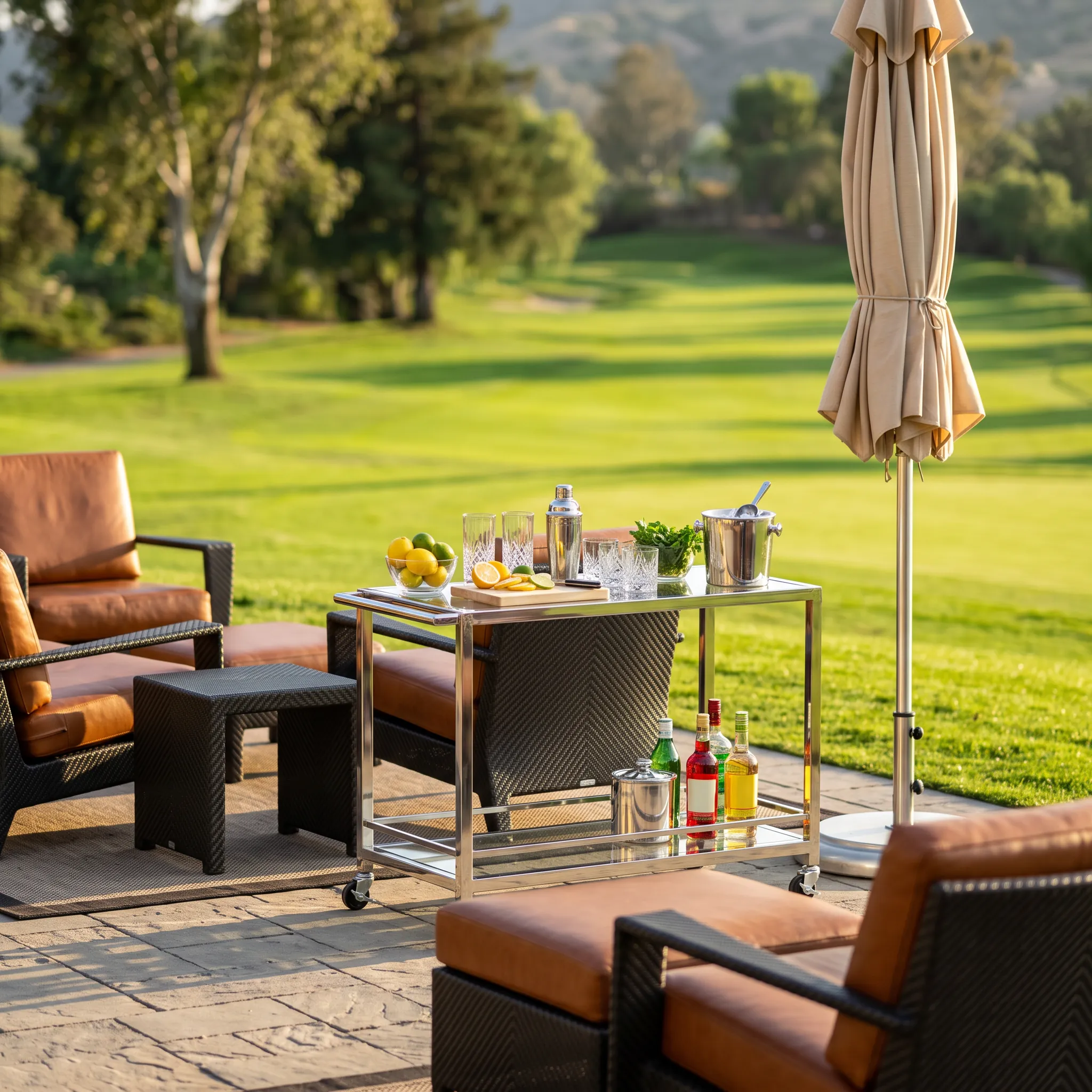 Outdoor luxury cocktail bar setup on a terrace overlooking a golf fairway