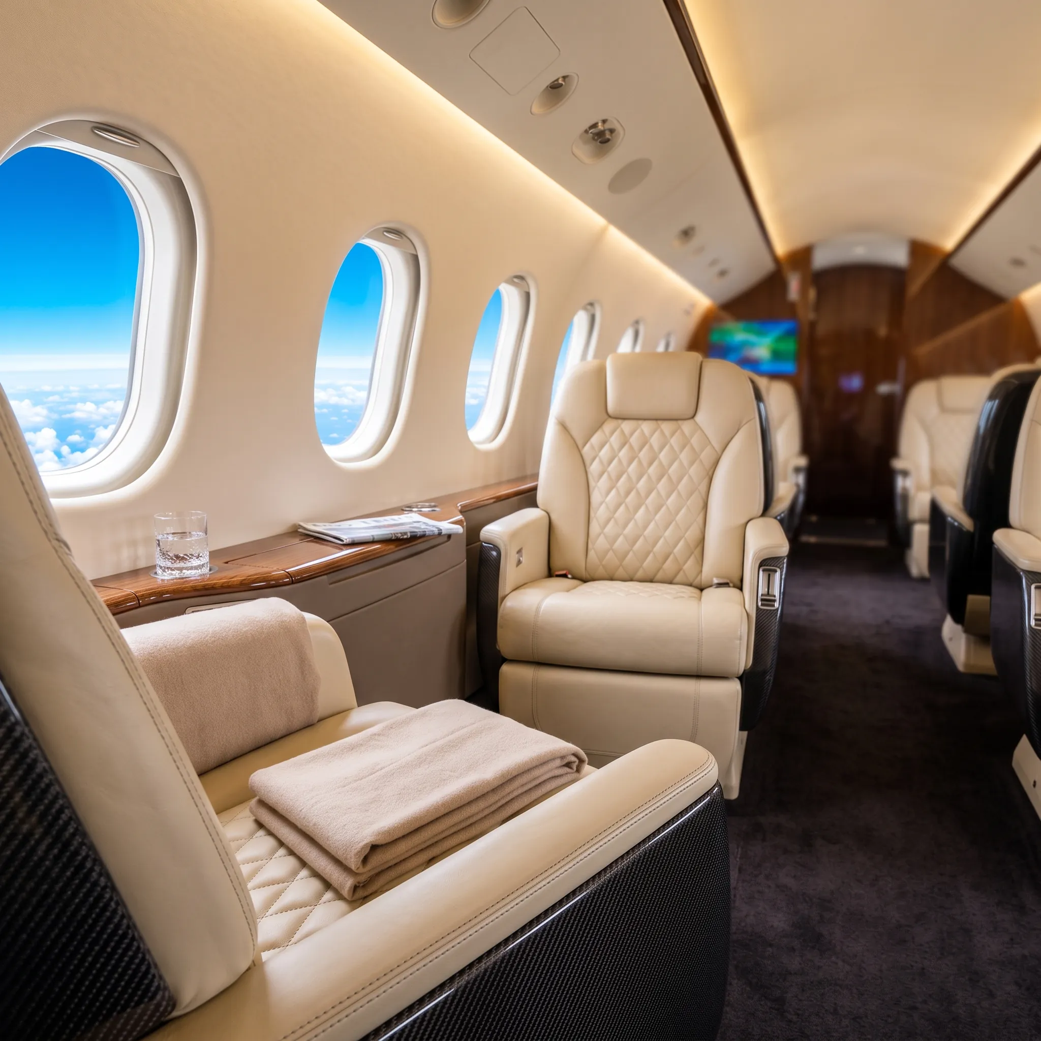 Luxury private jet cabin interior with leather seating and bright sky visible through the windows