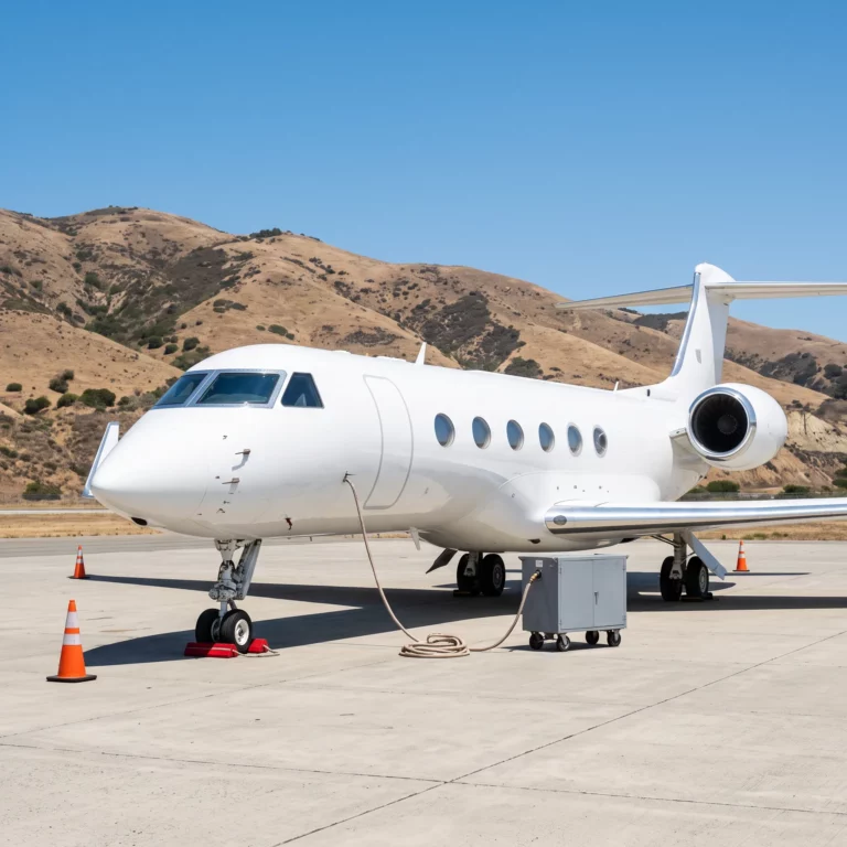 Private jet parked on a sunlit ramp near a coastal hillside during Monterey Car Week season