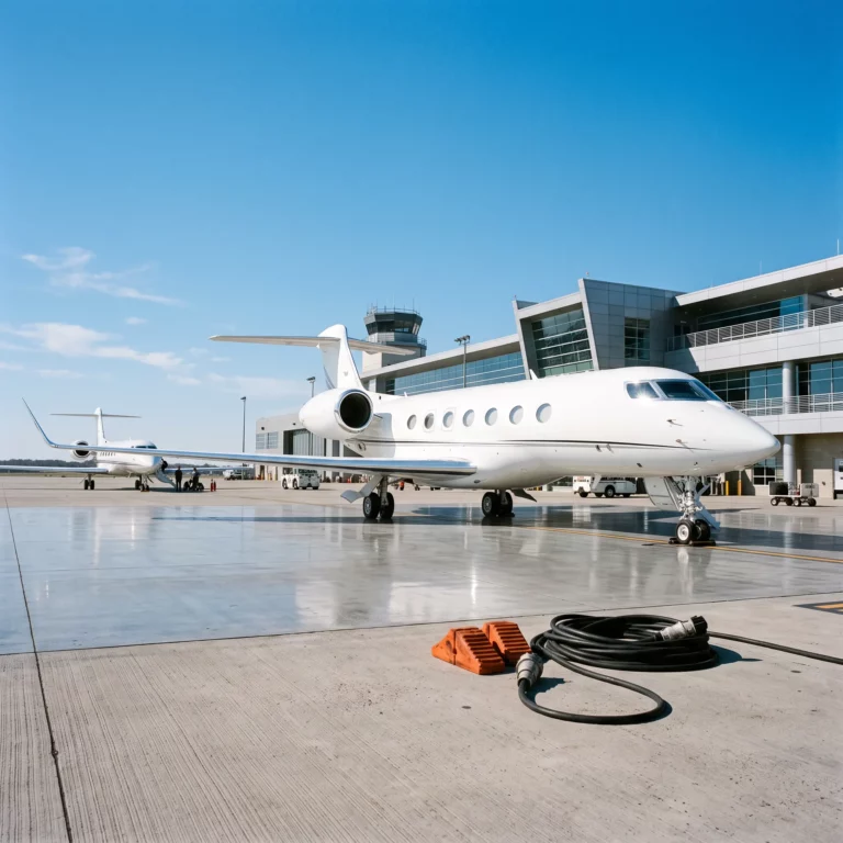 Large private jet parked on a bright, busy FBO ramp with ground equipment nearby