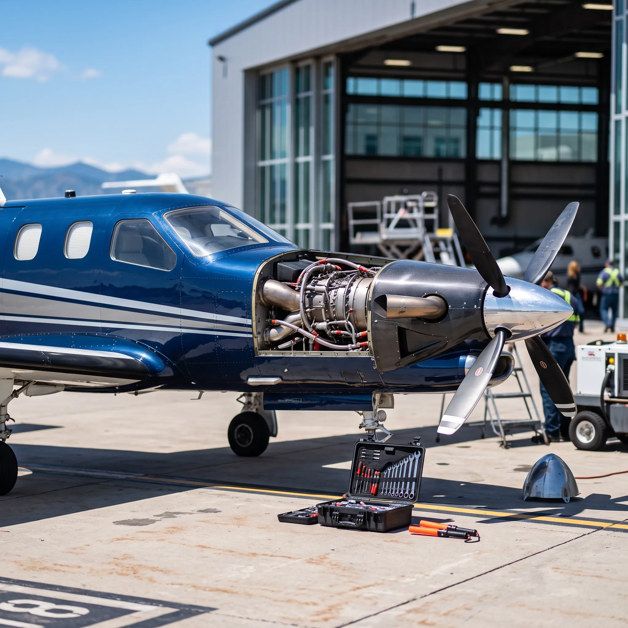 TBM 700 turboprop with nose open during PT6A engine conversion at a hangar