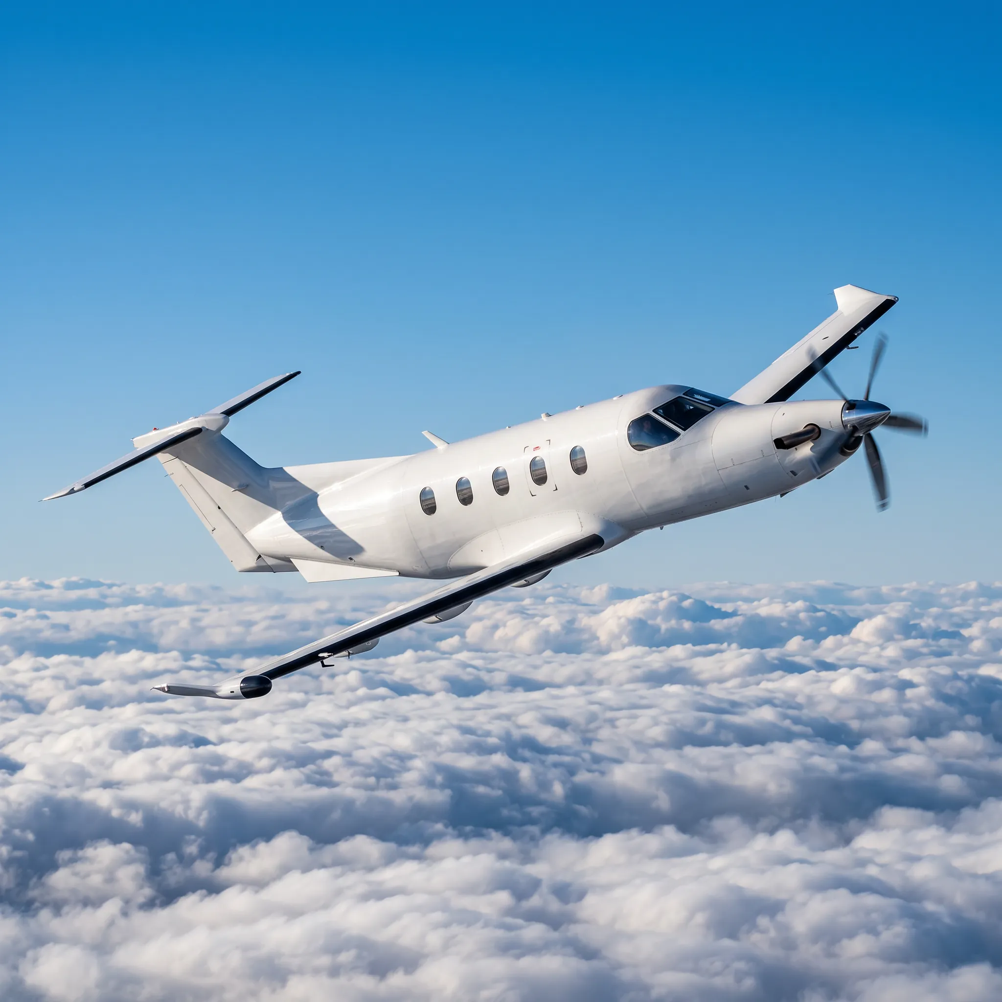 Pilatus PC-12 turboprop climbing above a bright cloud layer showing improved high-altitude performance