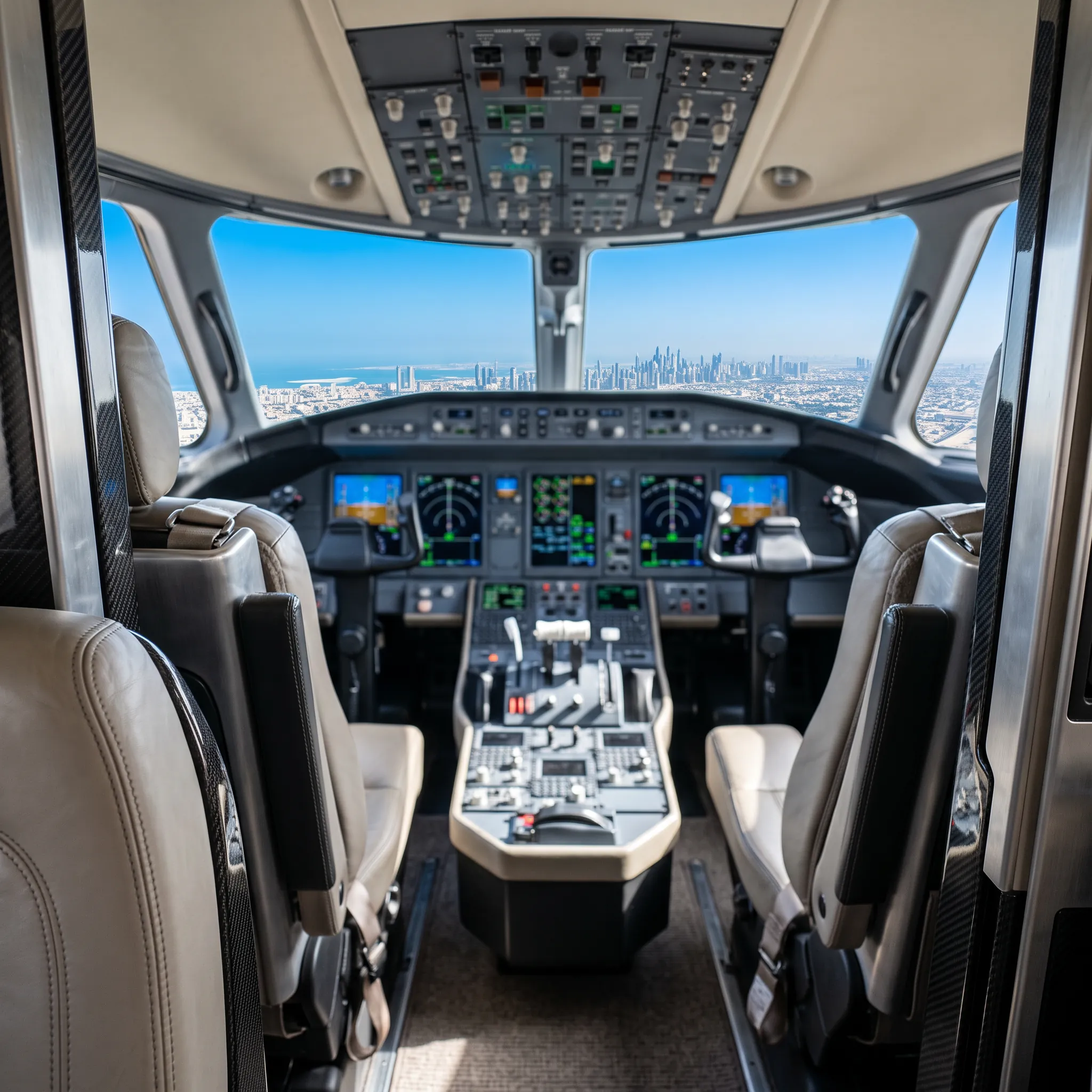 Flight deck view of a business jet approaching a city skyline in bright daylight