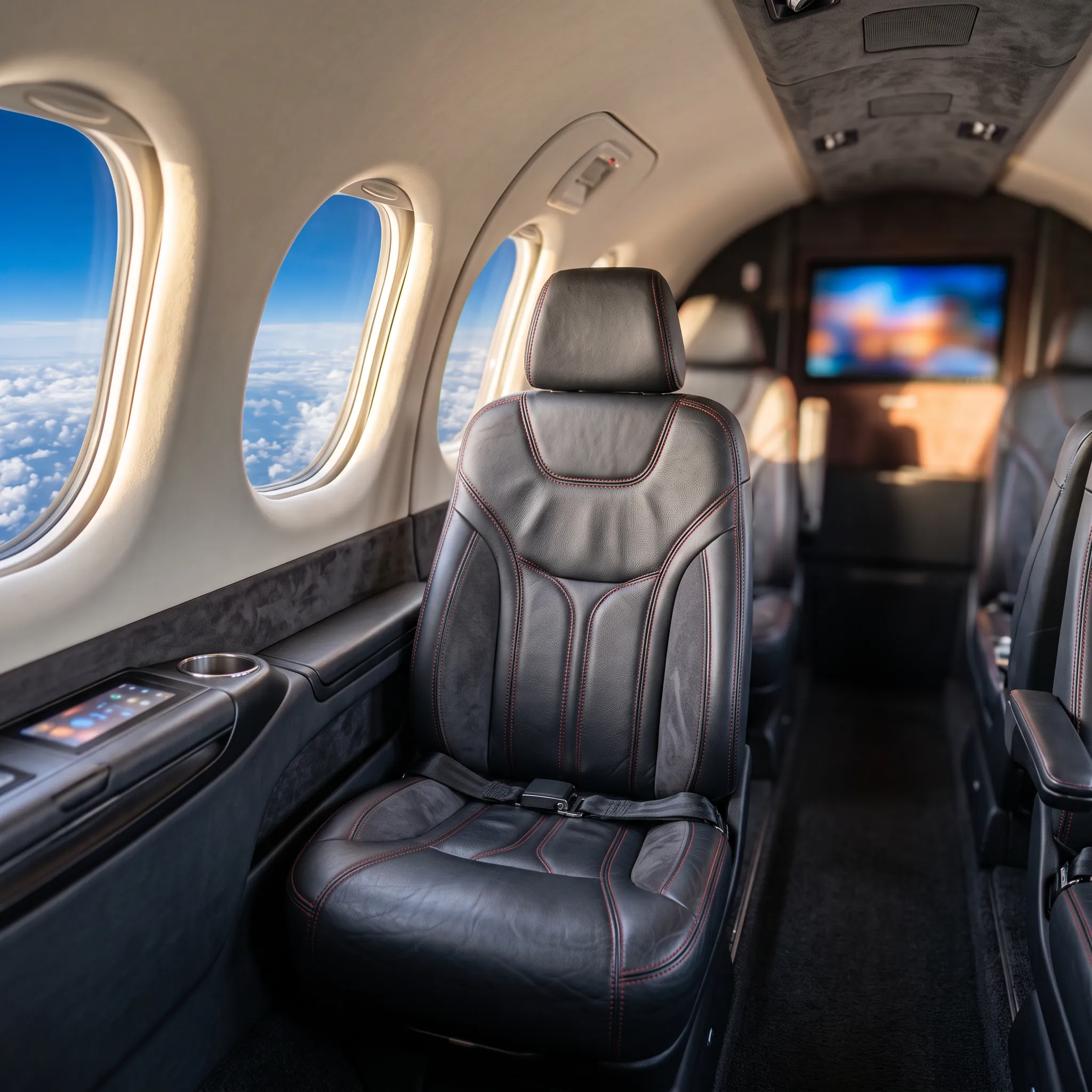 Custom leather and Alcantara cabin interior of a Cirrus Vision Jet in flight