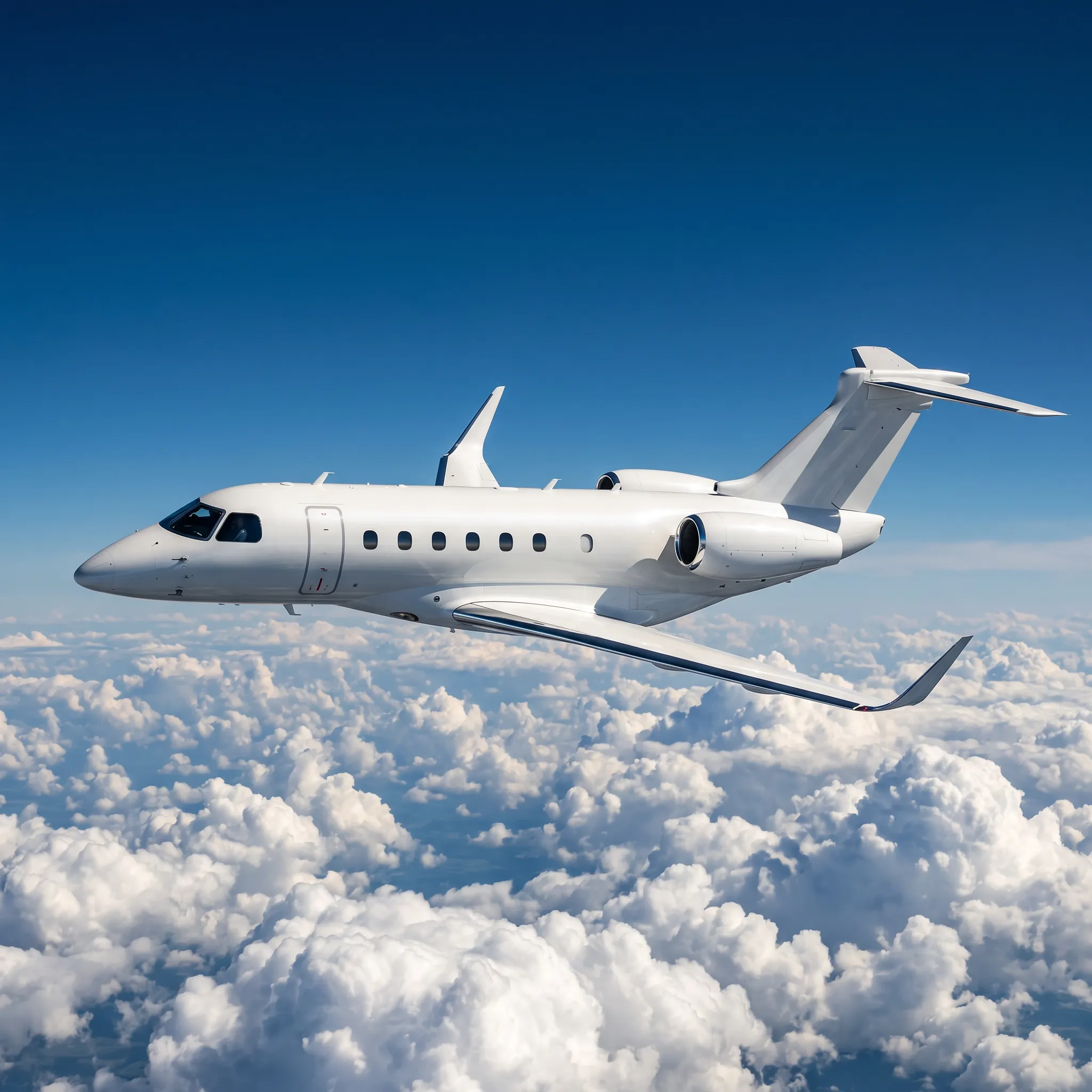 Embraer Praetor 600E flying above clouds showcasing its long-range super-midsize design