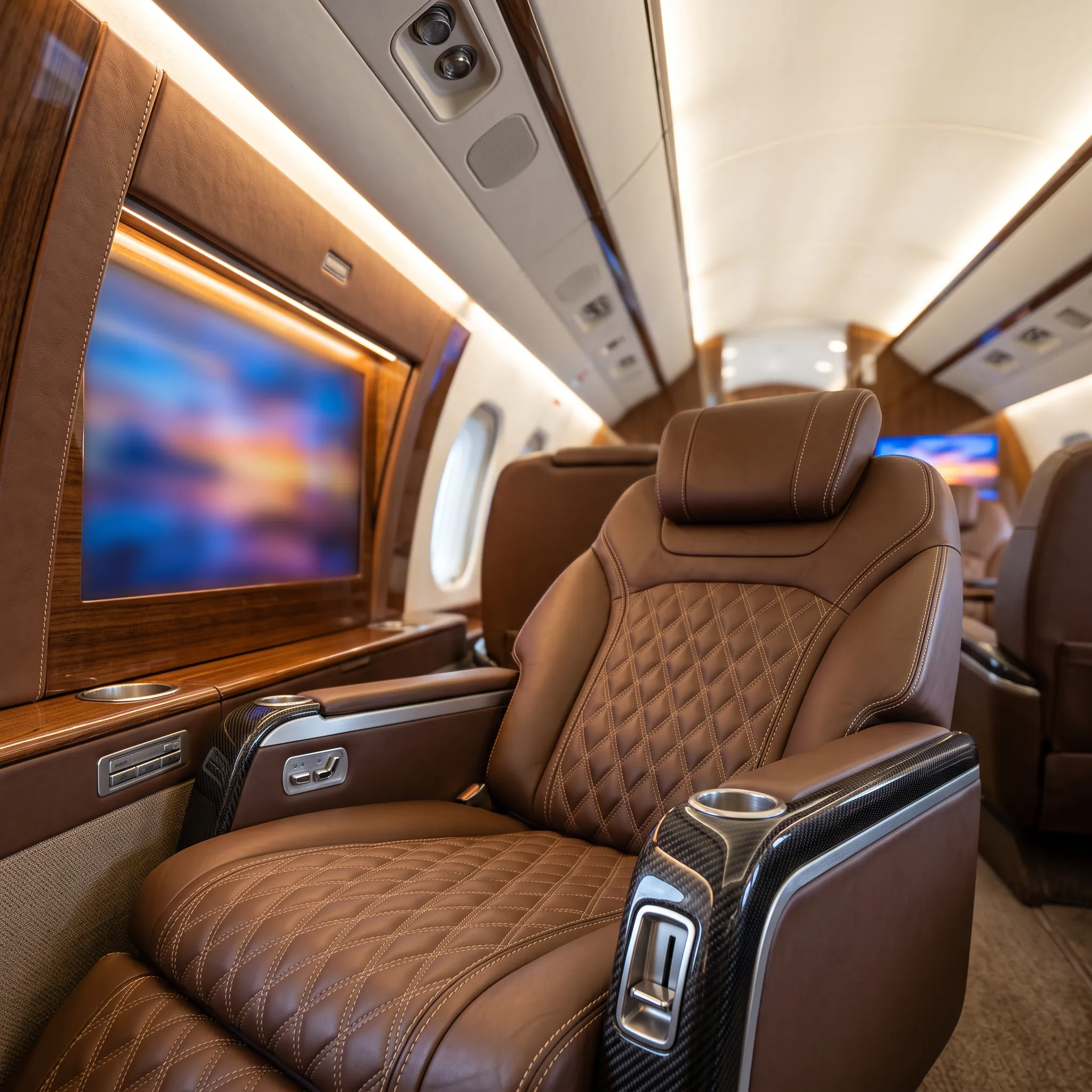 Praetor 600E cabin interior with lie-flat seating and sidewall entertainment display glow