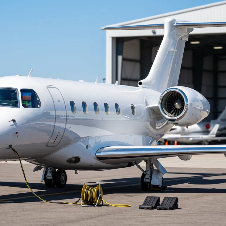 Embraer Praetor 600E private jet on an executive ramp in bright daylight