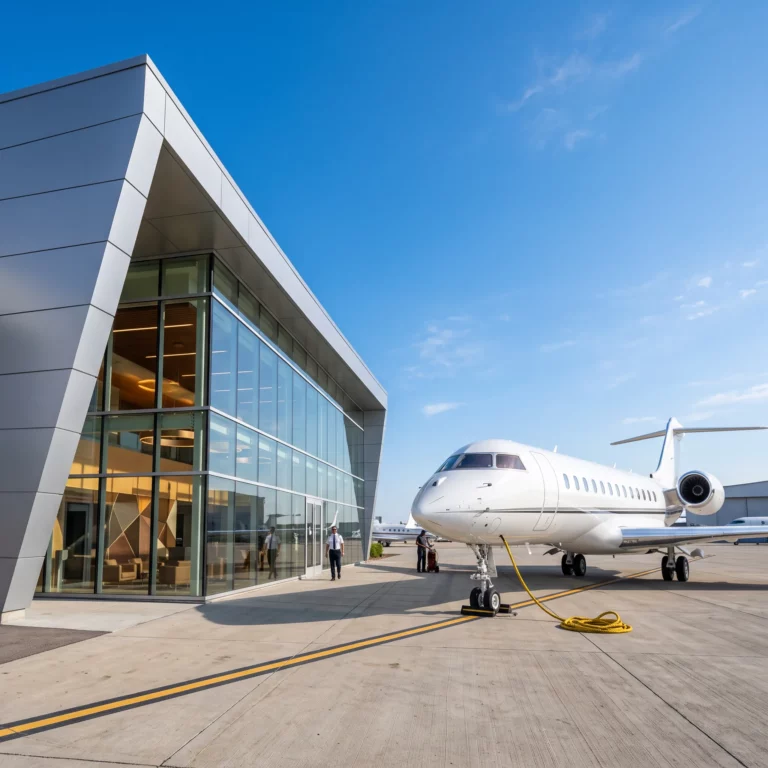 Modern private aviation terminal building with a business jet parked on the ramp in daylight