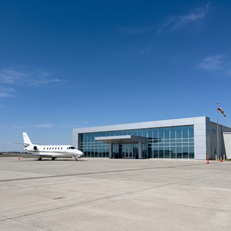 Modern private aviation terminal building with a business jet parked on the ramp in daylight