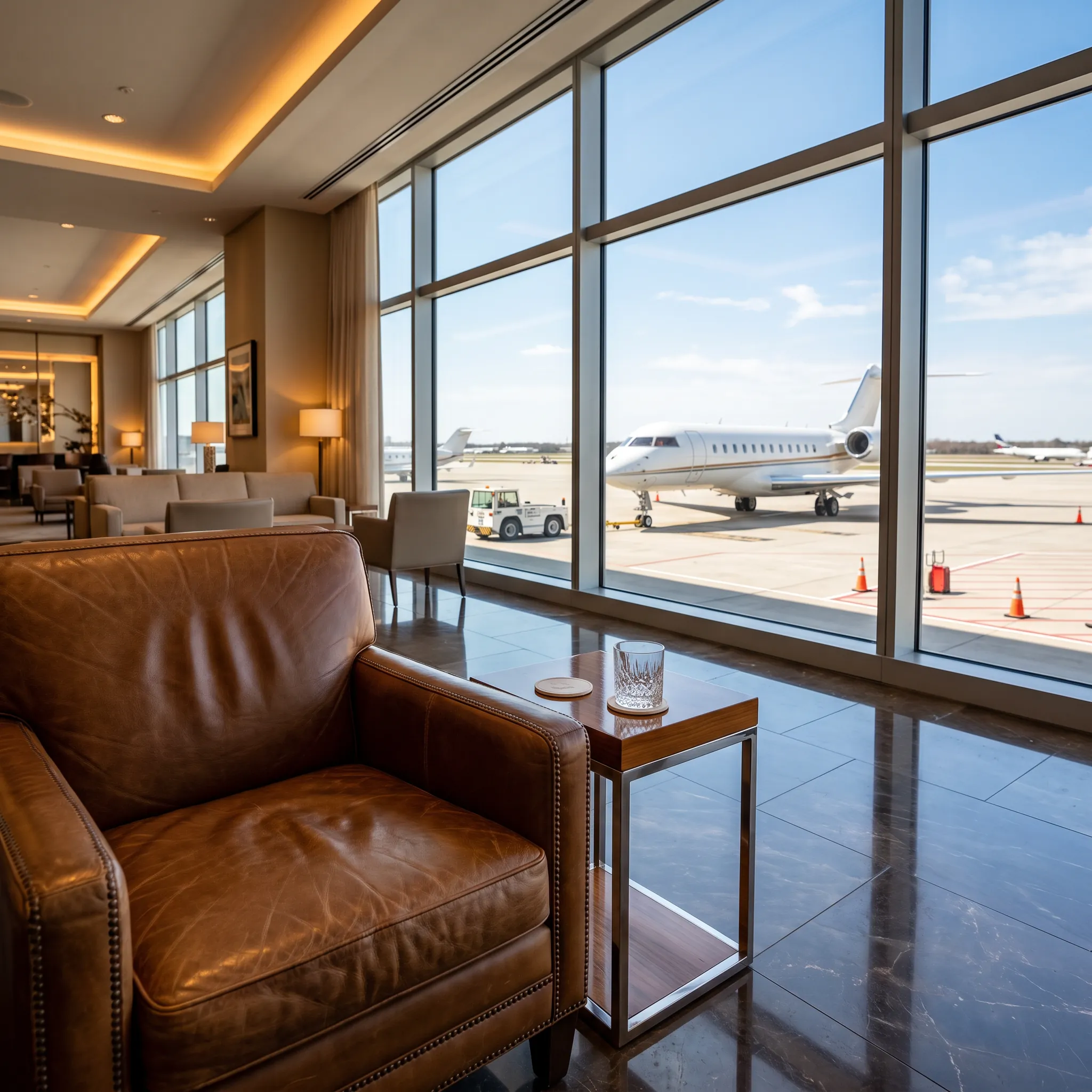 Private jet terminal lounge with leather seating overlooking the airport ramp