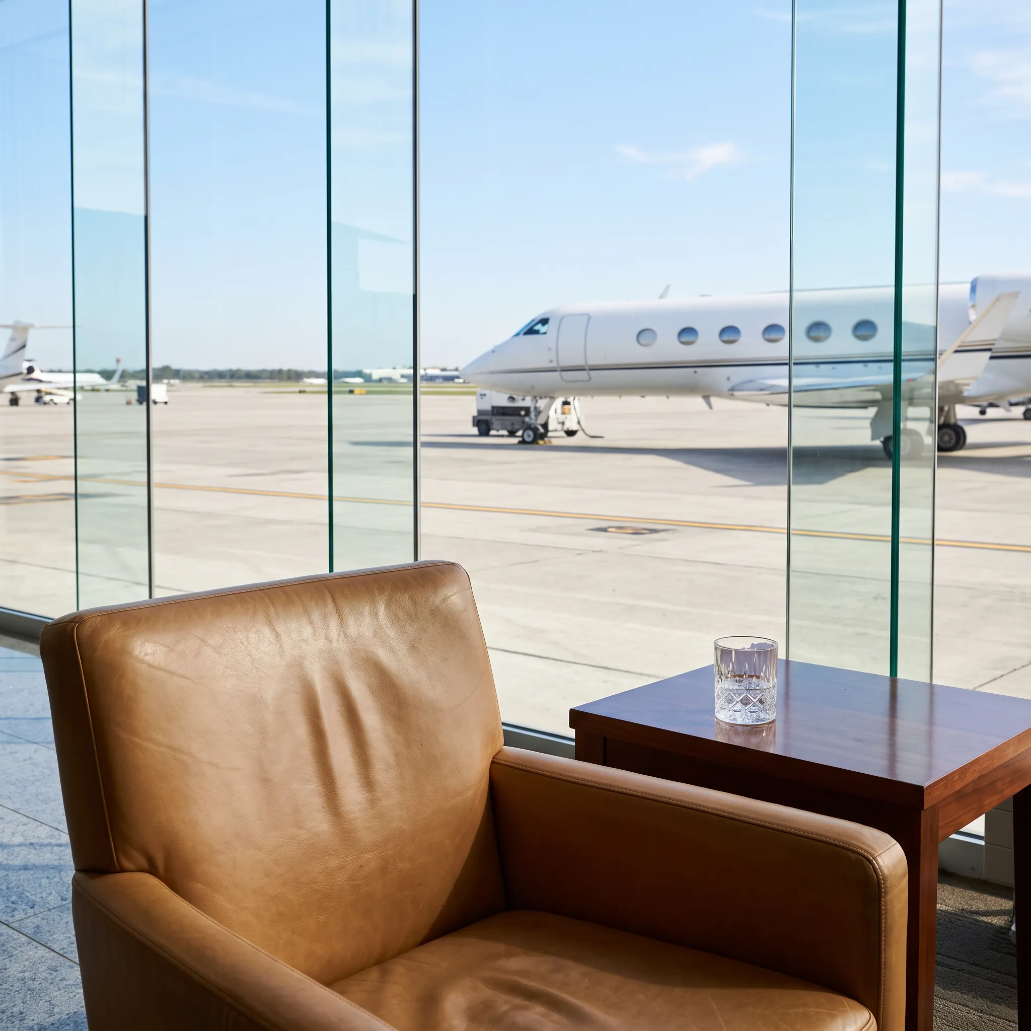 Private jet terminal lounge with leather seating overlooking the airport ramp