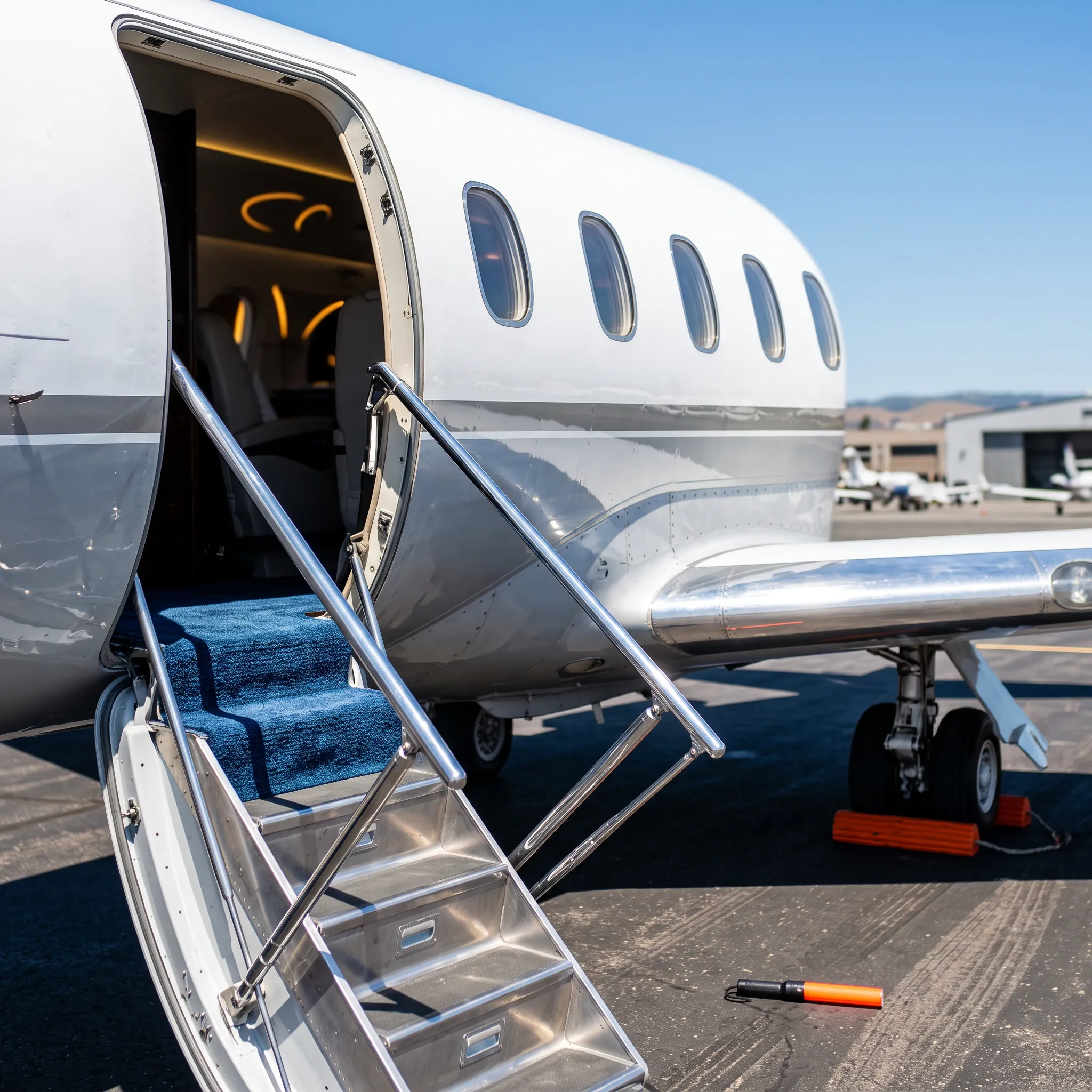 Business jet boarding stairs and open cabin door on a sunlit airport ramp