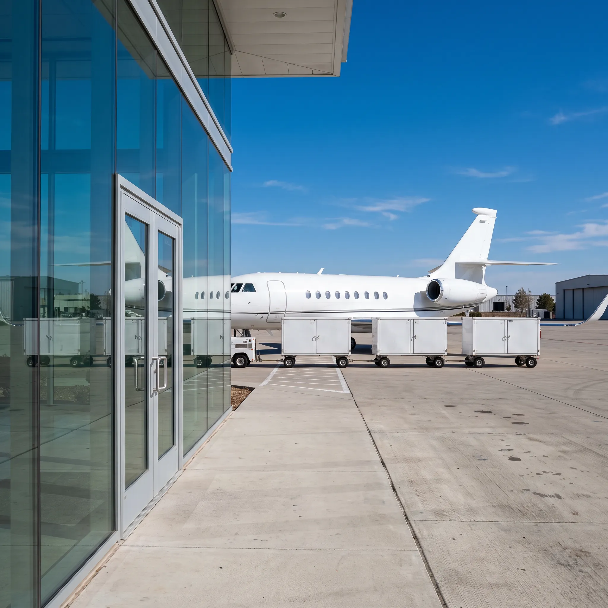 Private jet waiting on the tarmac a short walk from the terminal doors