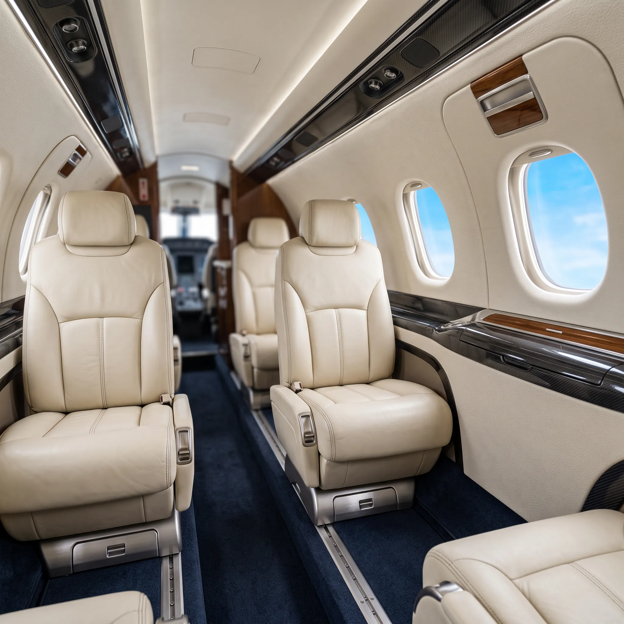 Modern light jet cabin interior with leather seating and natural daylight through cabin windows