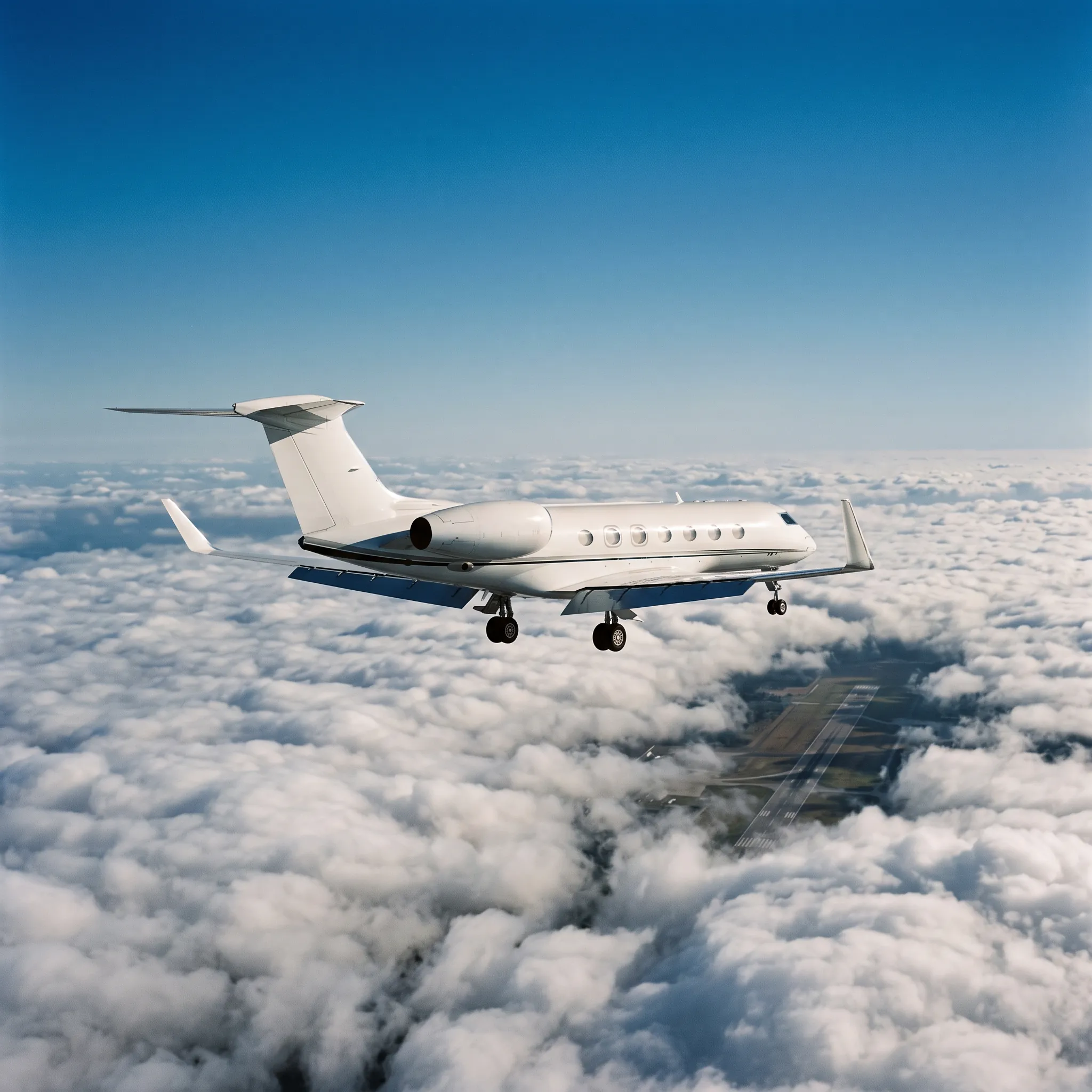 Light business jet flying above a sunlit cloud layer representing regional fractional ownership routes