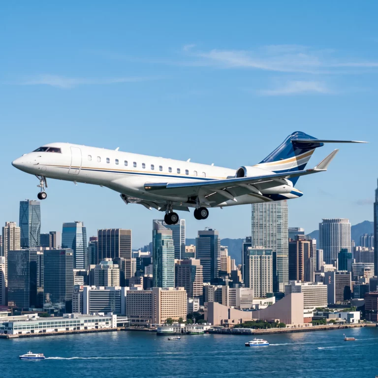 Bombardier Global 8000 private jet descending on a steep approach over an urban waterfront