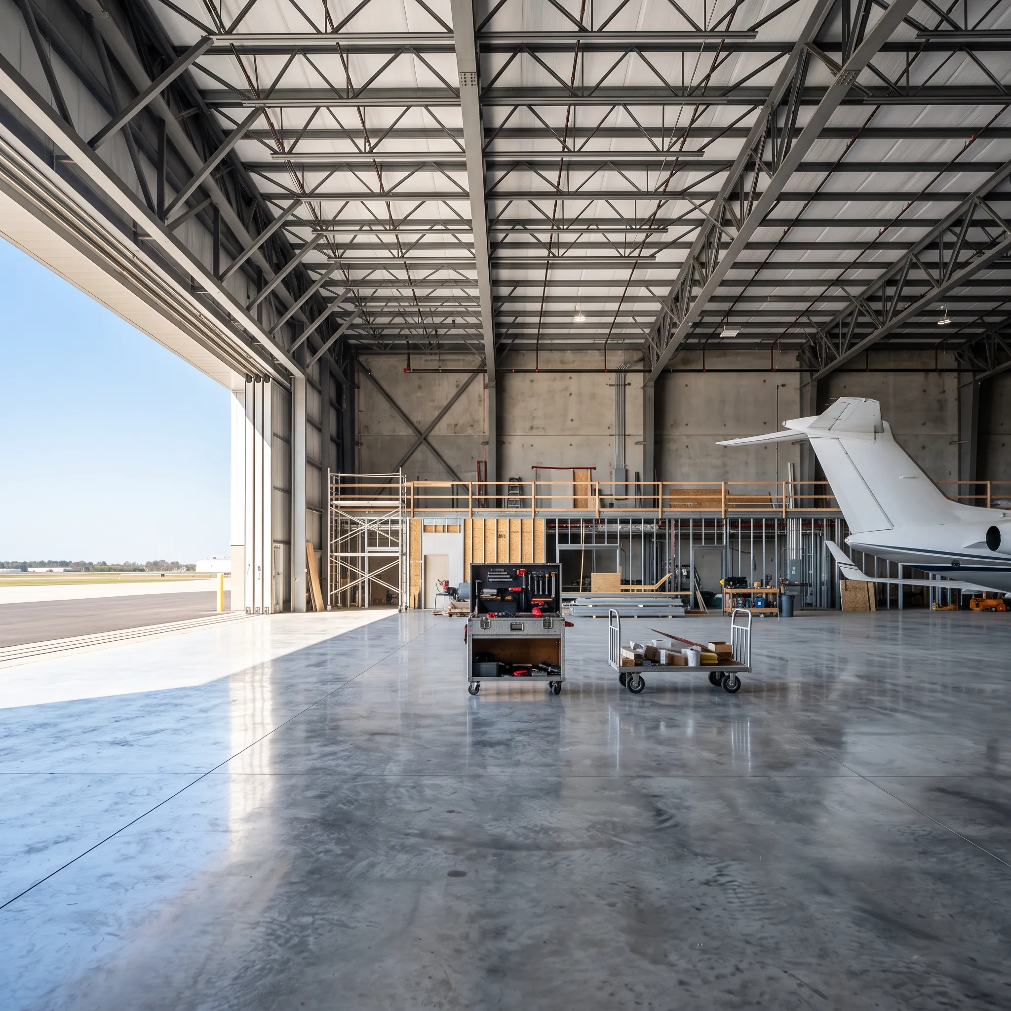 Spacious executive aviation hangar with a business jet visible near the entrance in bright daylight