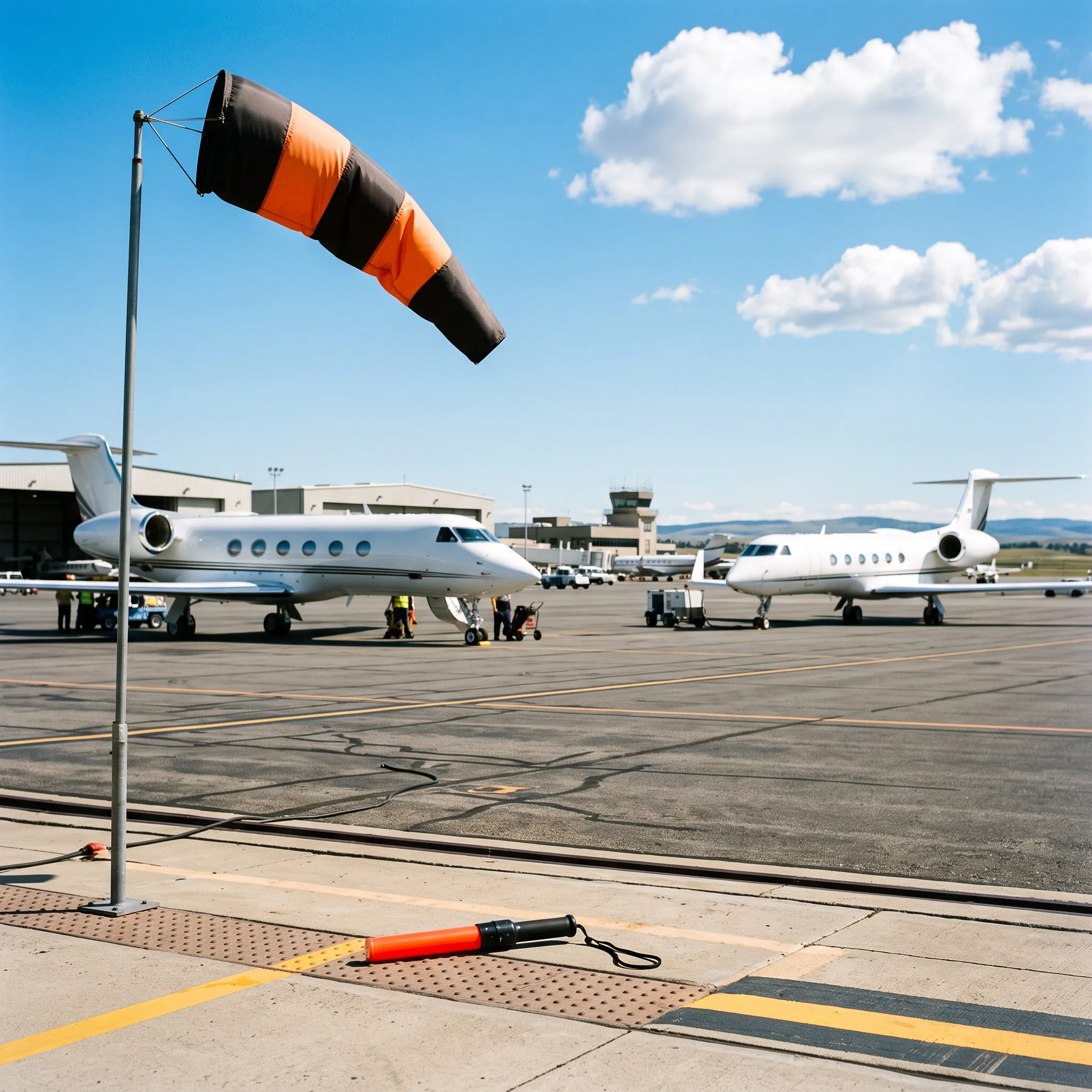 Two private jets parked on a bright FBO ramp with a windsock in the foreground