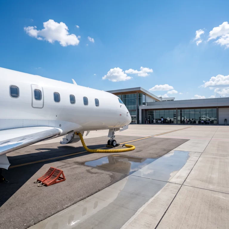 Private business jet parked outside an executive terminal building in bright daylight