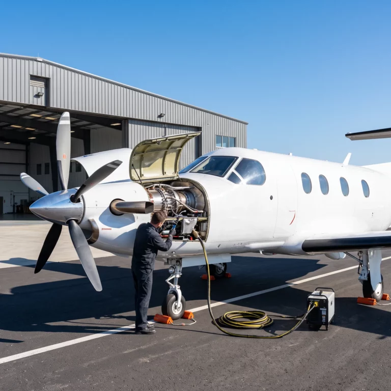 Pilatus PC-12 turboprop with open engine cowling revealing turbine engine during upgrade service