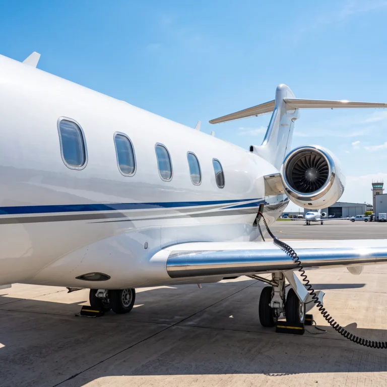 Bombardier Challenger 350 private jet on a sunny FBO ramp representing charter operations