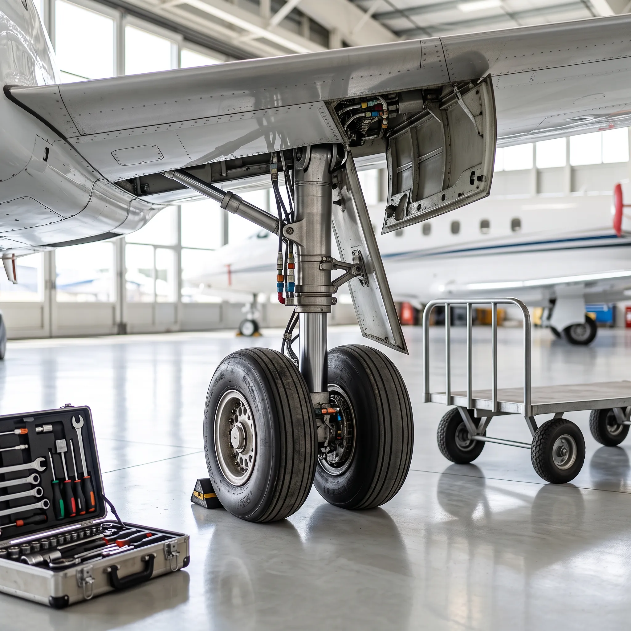 Close-up of private jet landing gear during a maintenance inspection in a hangar