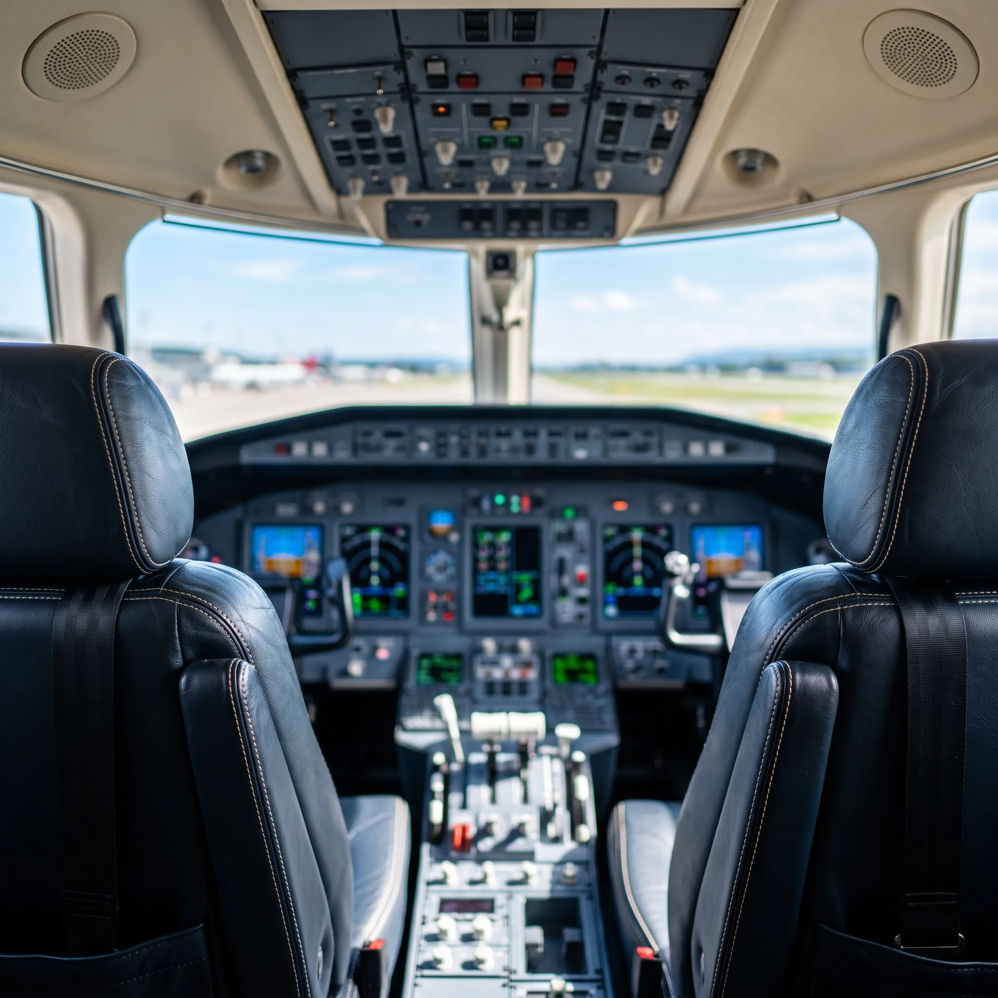 Empty private jet cockpit seats with soft glowing instrument displays in daylight