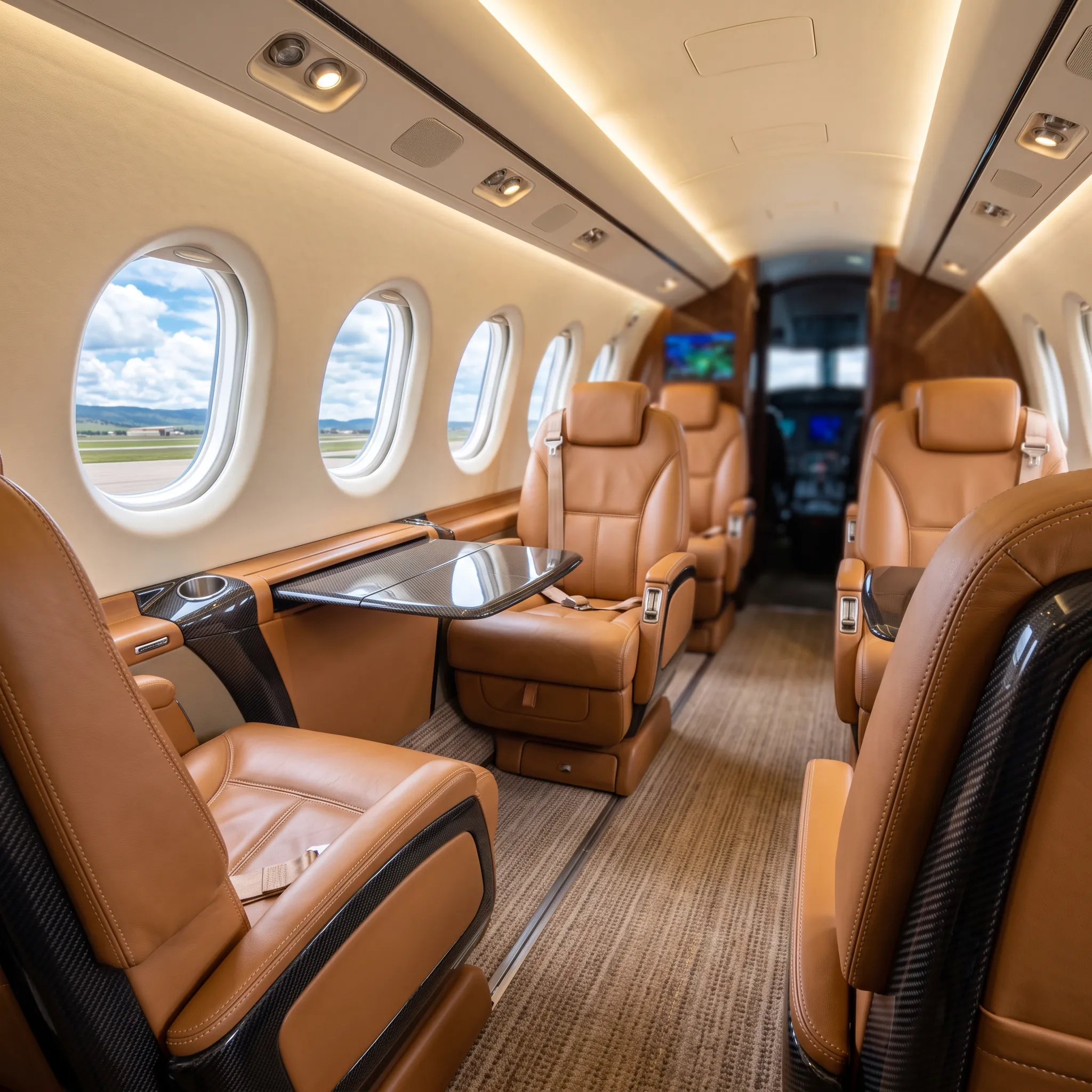Luxurious leather cabin interior of a Pilatus PC-12 turboprop aircraft