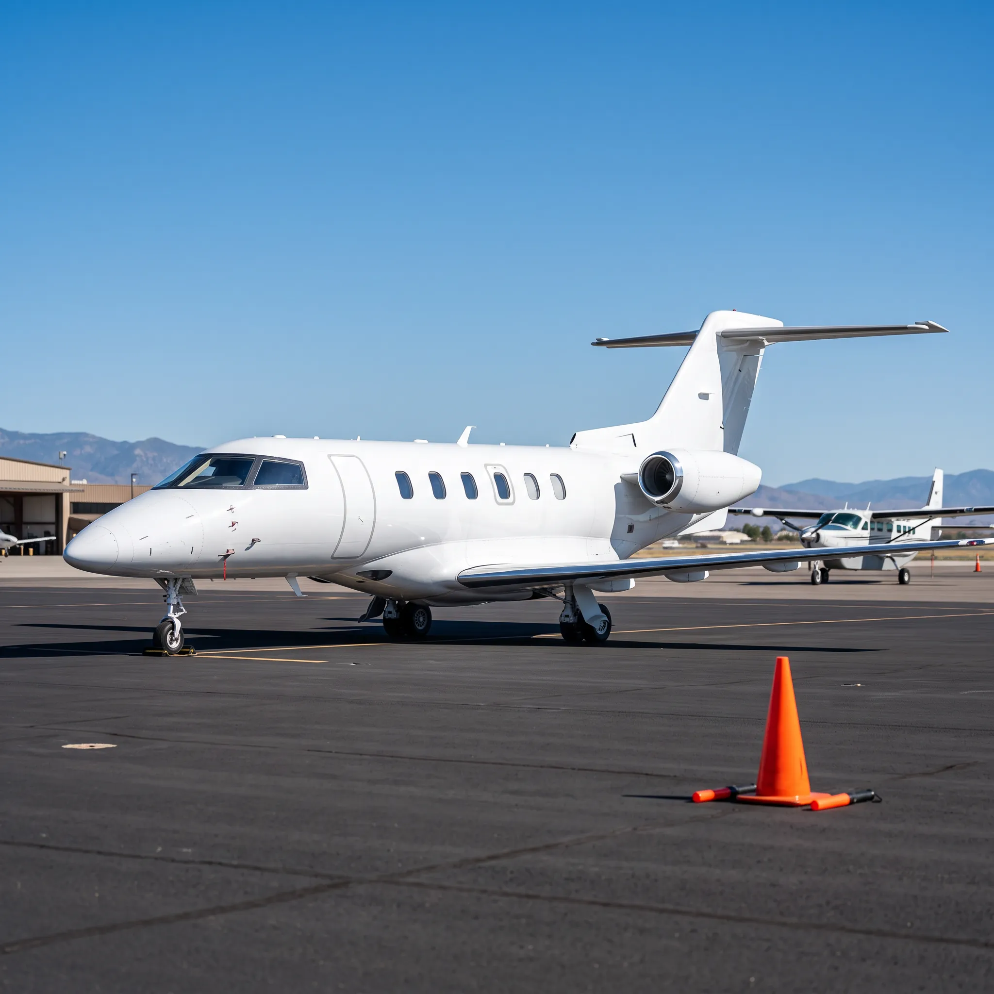 Pilatus PC-24 light jet parked on a sunlit FBO ramp