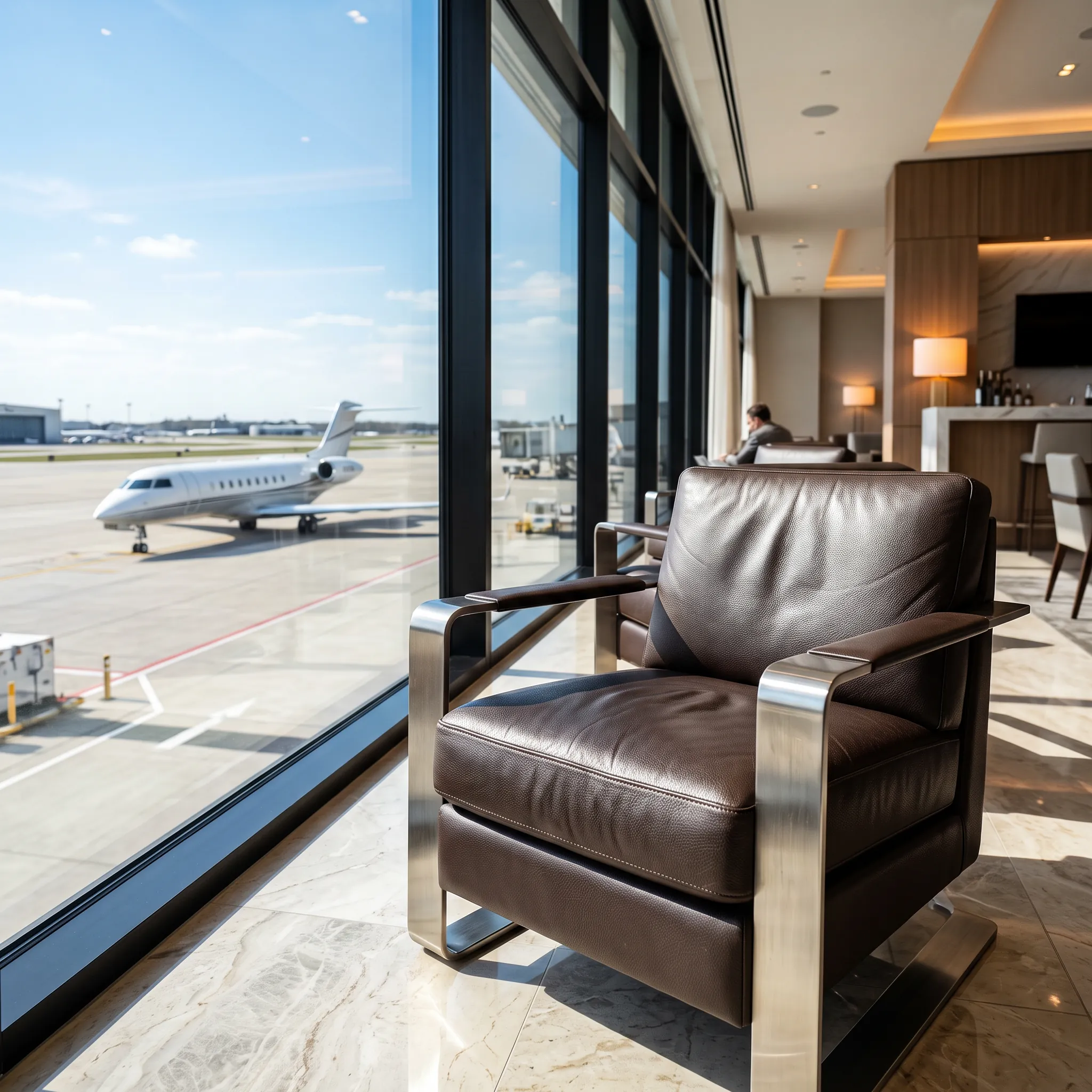 Luxurious VIP lounge interior inside a new private aviation terminal with ramp views