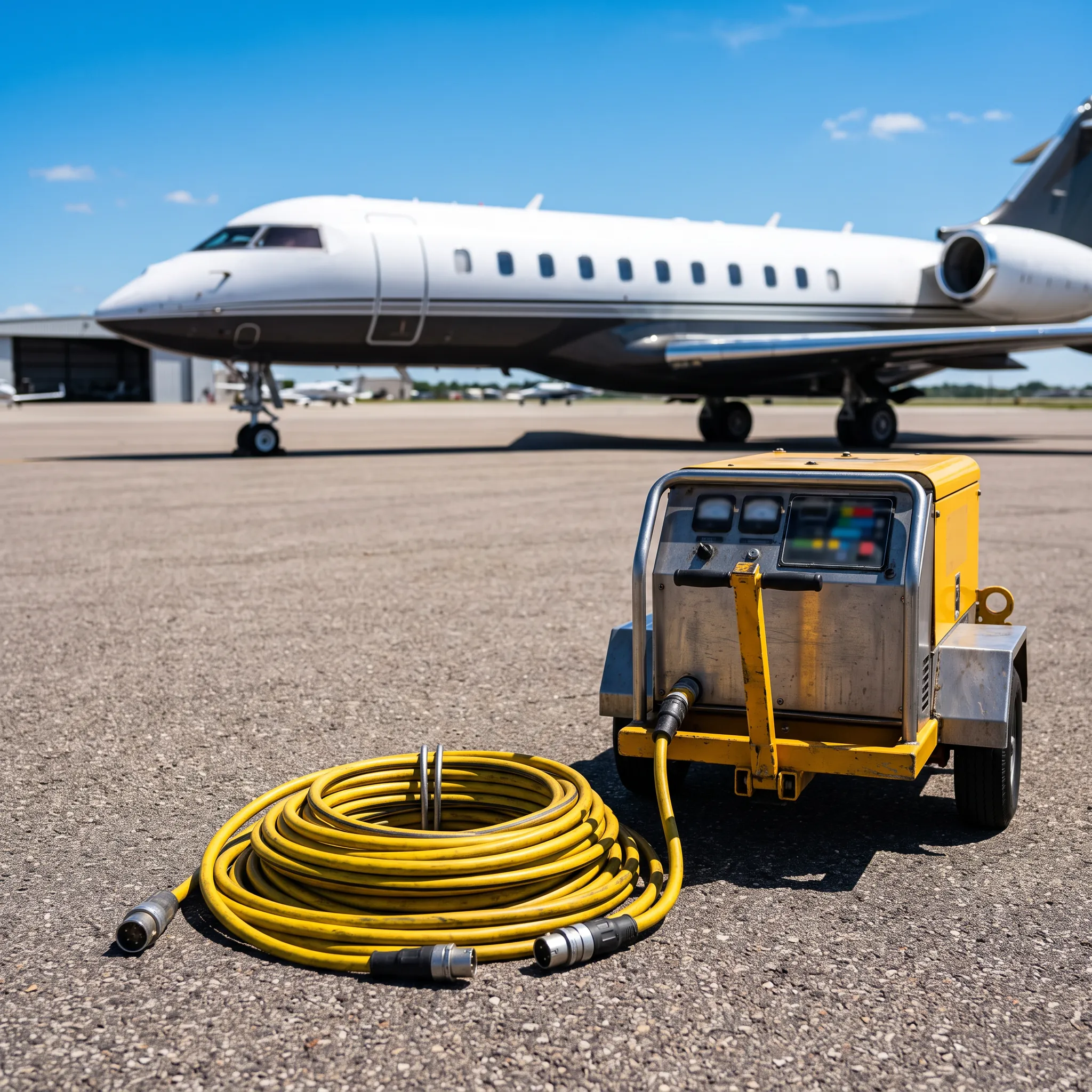 Ground support equipment on an FBO ramp with a private jet in the background