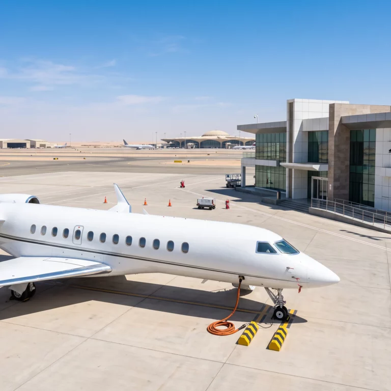 Private business jet parked on a sunlit ramp outside a new FBO terminal in Saudi Arabia