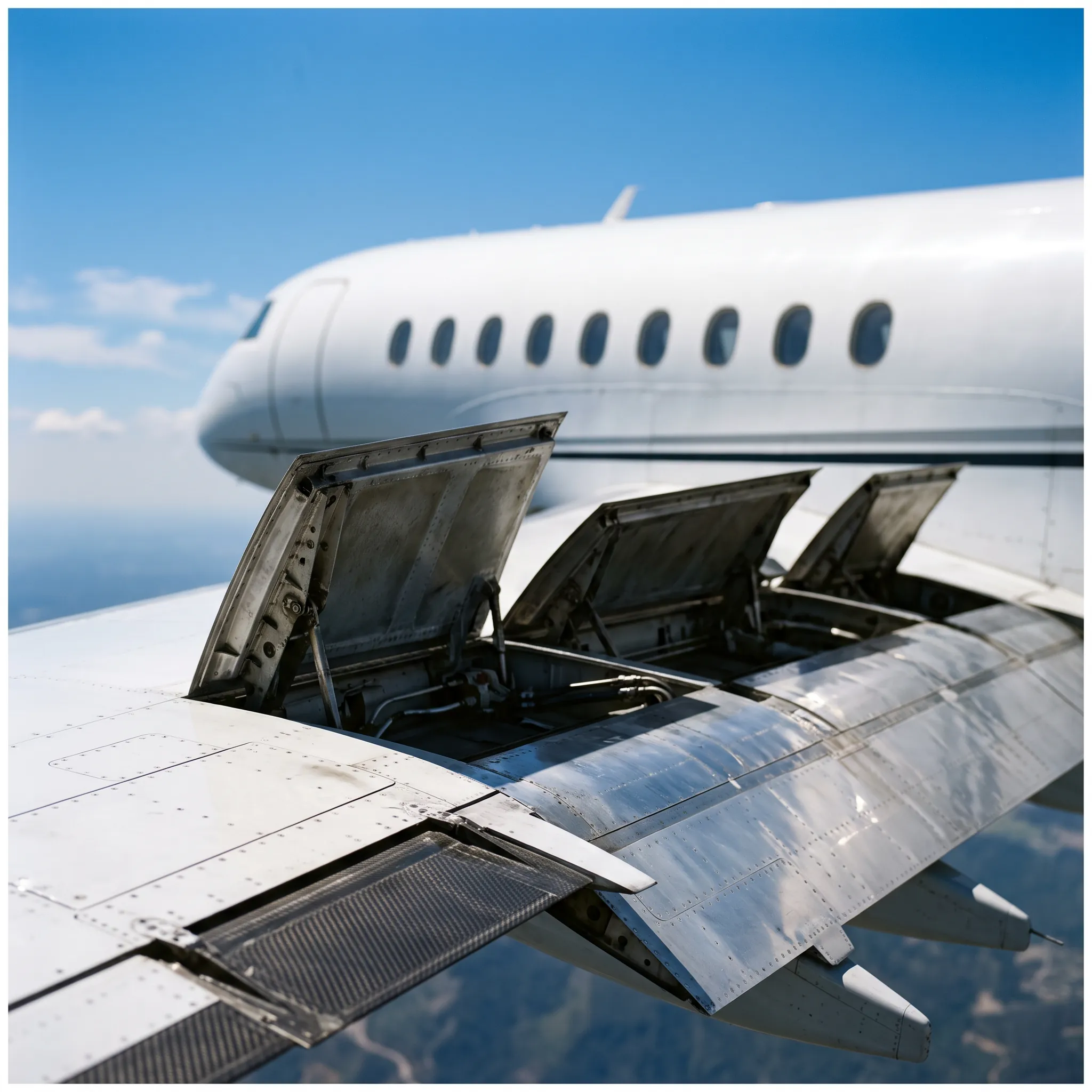 Close-up of a private jet wing with deployed spoilers during a steep descent approach