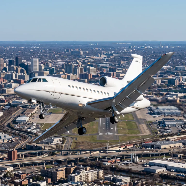 Dassault Falcon business jet descending at a steep angle toward a compact runway in bright daylight