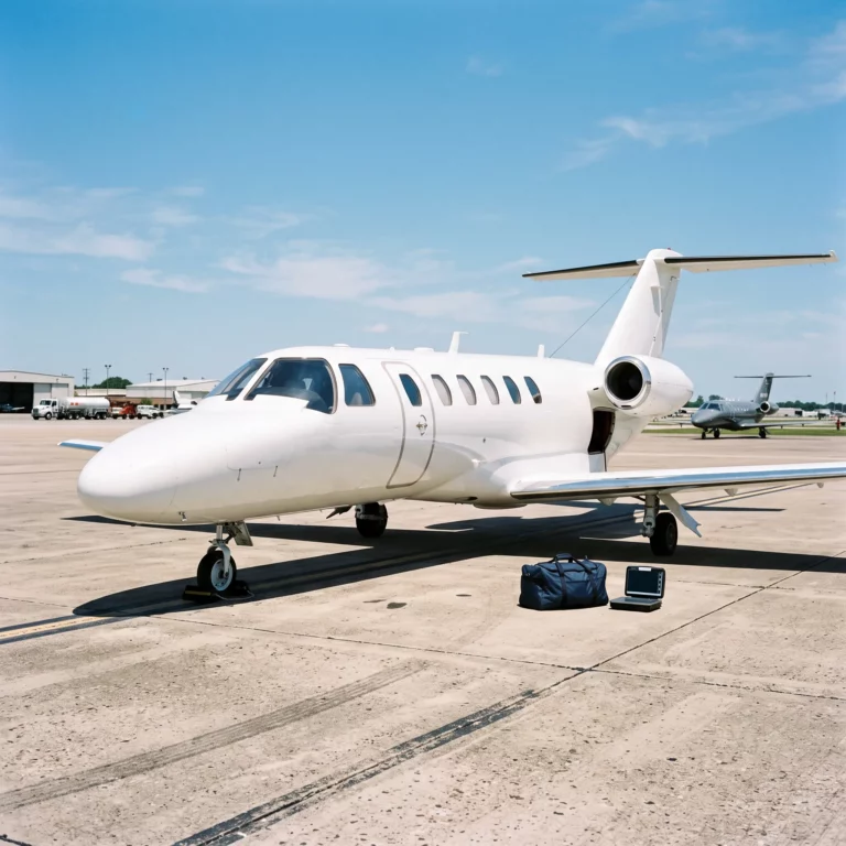 Cessna Citation CJ3 light jet on an airport ramp with an open baggage compartment and luggage scale nearby