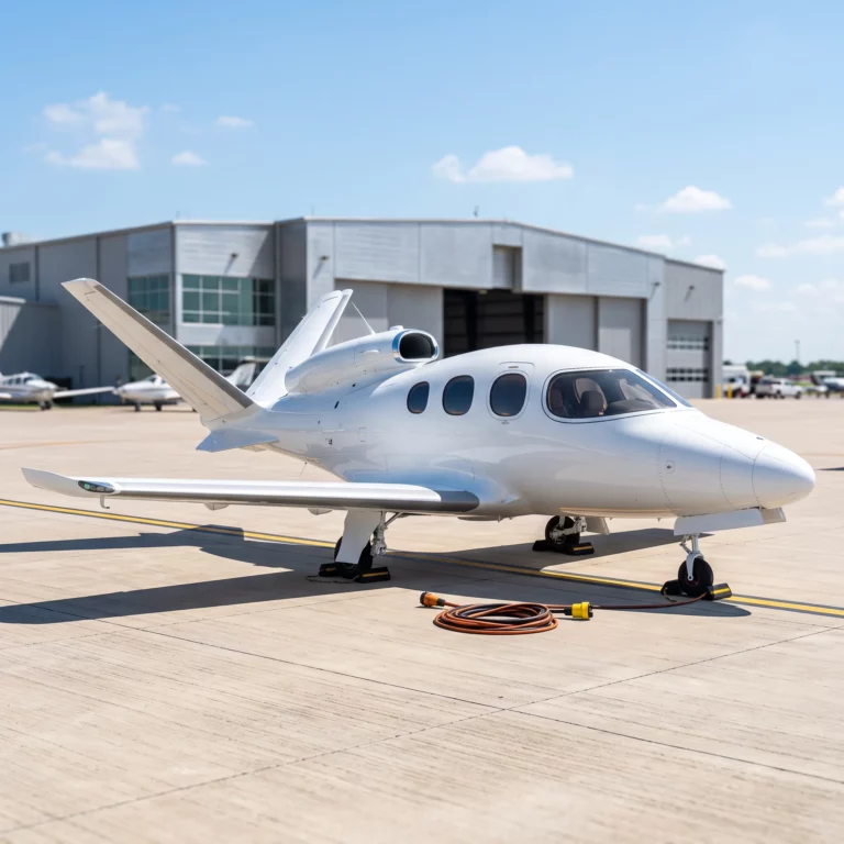 Cirrus SF50 G2 Vision Jet parked on a bright executive hangar ramp